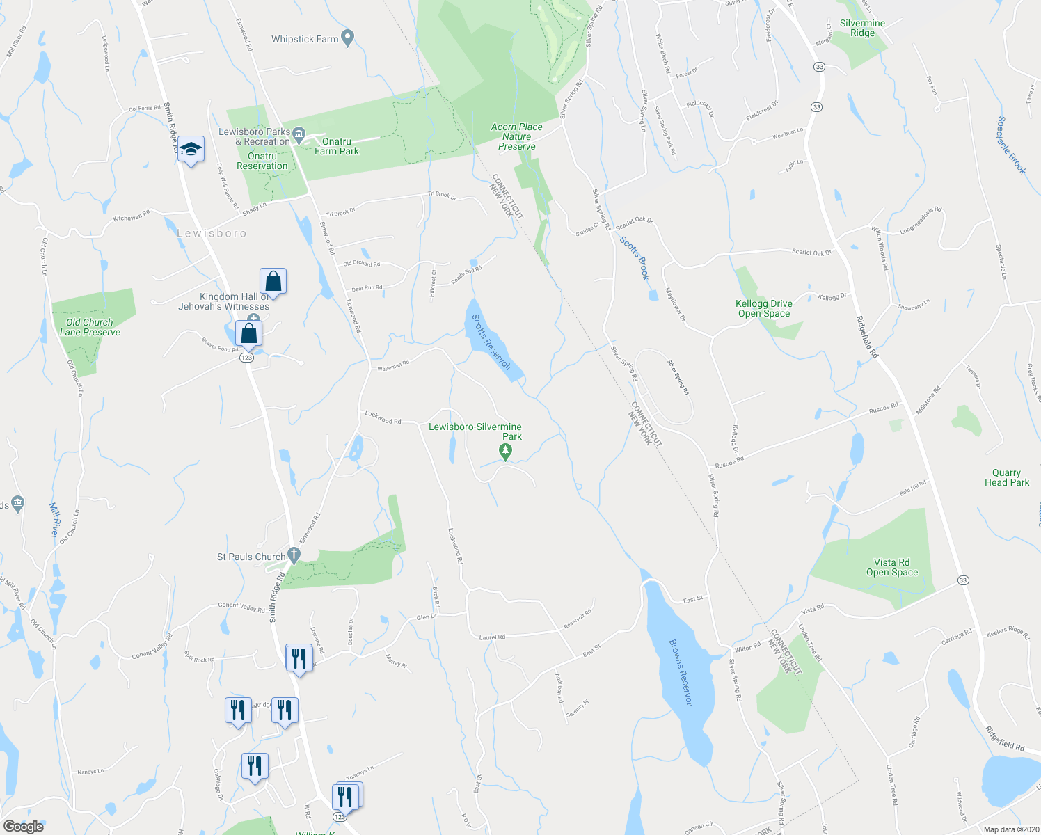 map of restaurants, bars, coffee shops, grocery stores, and more near 25 Wakeman Road in South Salem