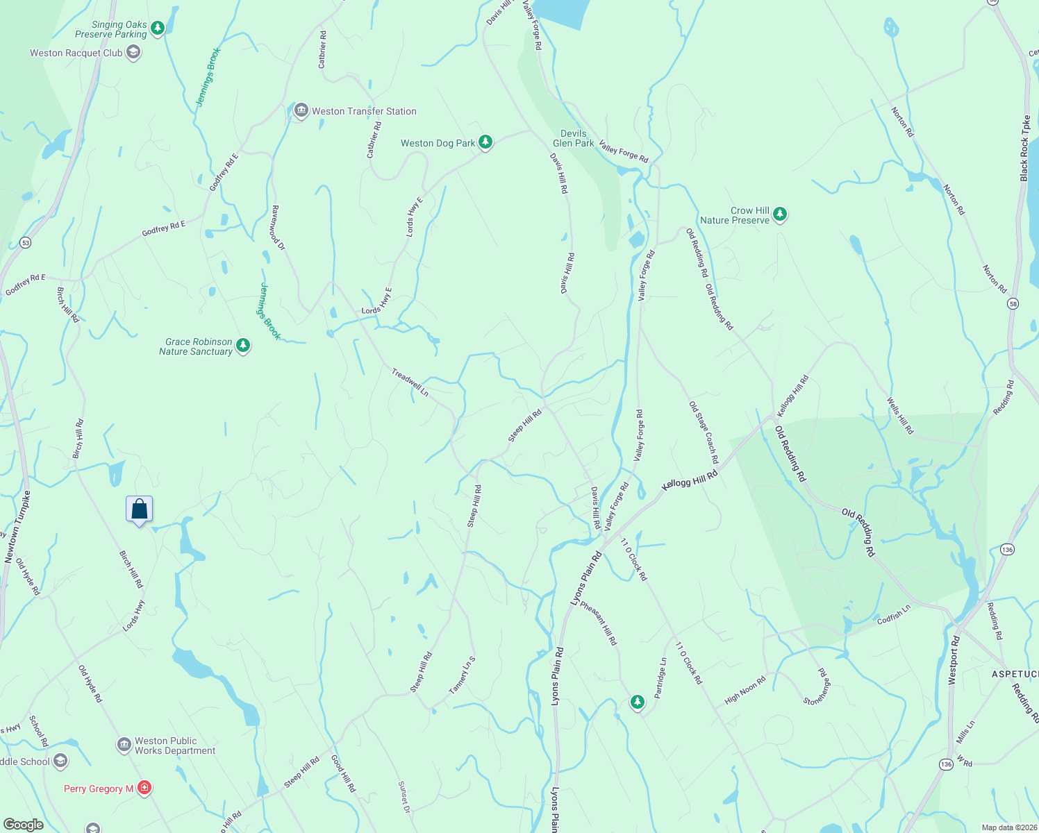 map of restaurants, bars, coffee shops, grocery stores, and more near 206 Steep Hill Road in Weston