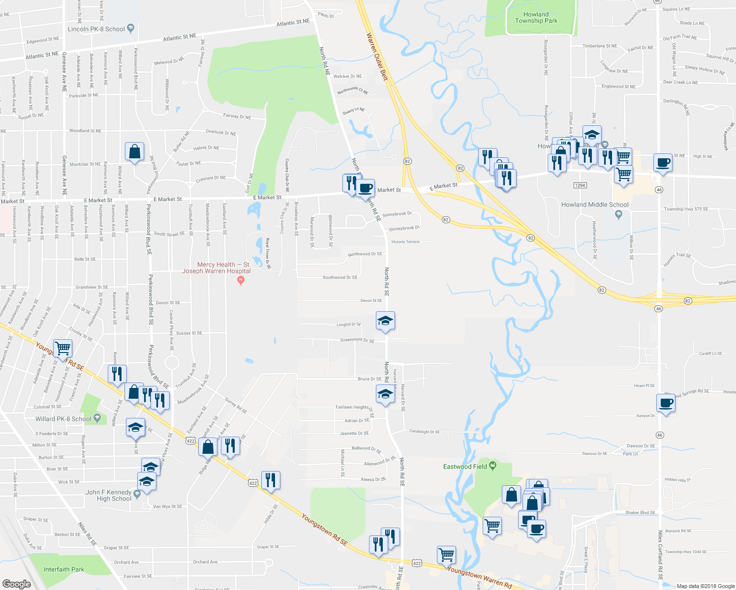 map of restaurants, bars, coffee shops, grocery stores, and more near 4063 Devon Street Southeast in Warren
