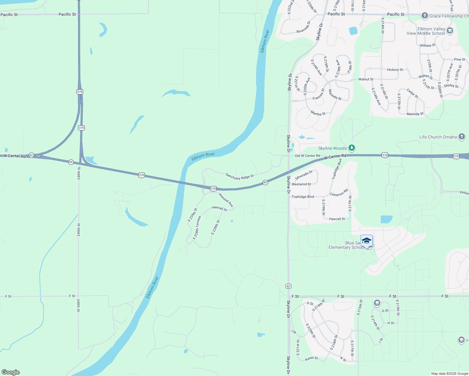 map of restaurants, bars, coffee shops, grocery stores, and more near 22828 West Center Road in Douglas County