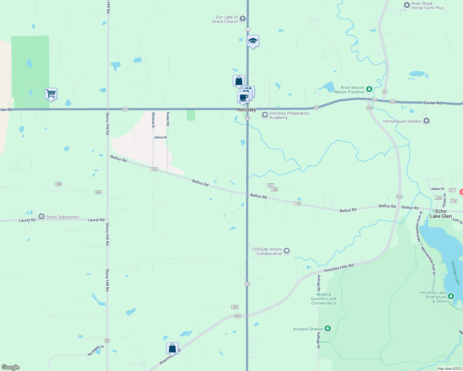 map of restaurants, bars, coffee shops, grocery stores, and more near 1705 Bellus Road in Hinckley