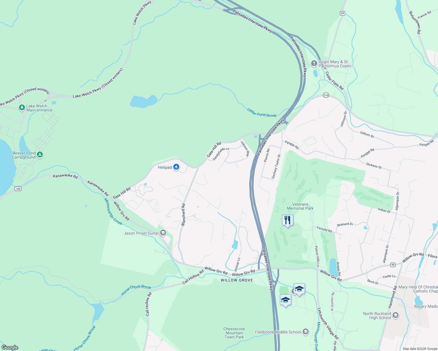 map of restaurants, bars, coffee shops, grocery stores, and more near 16 Beaver Pond Ct in Stony Point