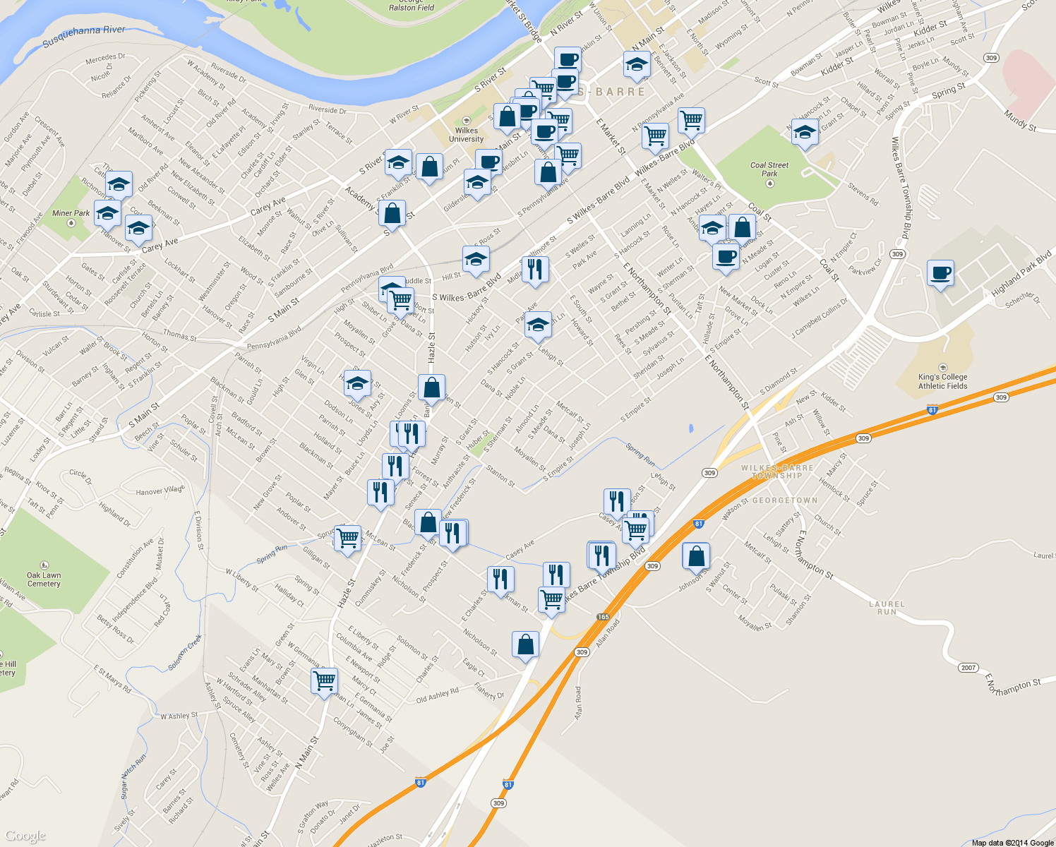 map of restaurants, bars, coffee shops, grocery stores, and more near 170 Almond Lane in Wilkes-Barre