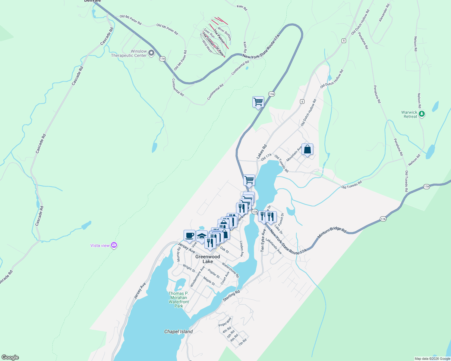 map of restaurants, bars, coffee shops, grocery stores, and more near 4 Village Drive in Greenwood Lake