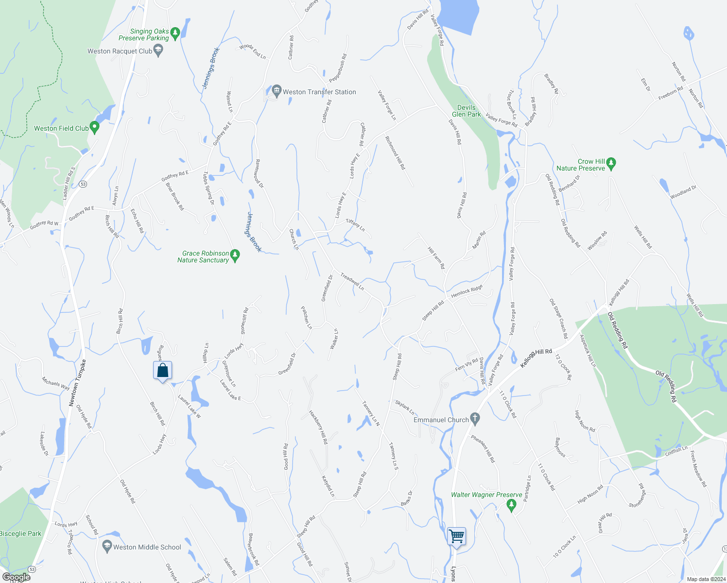 map of restaurants, bars, coffee shops, grocery stores, and more near 40 Treadwell Lane in Weston