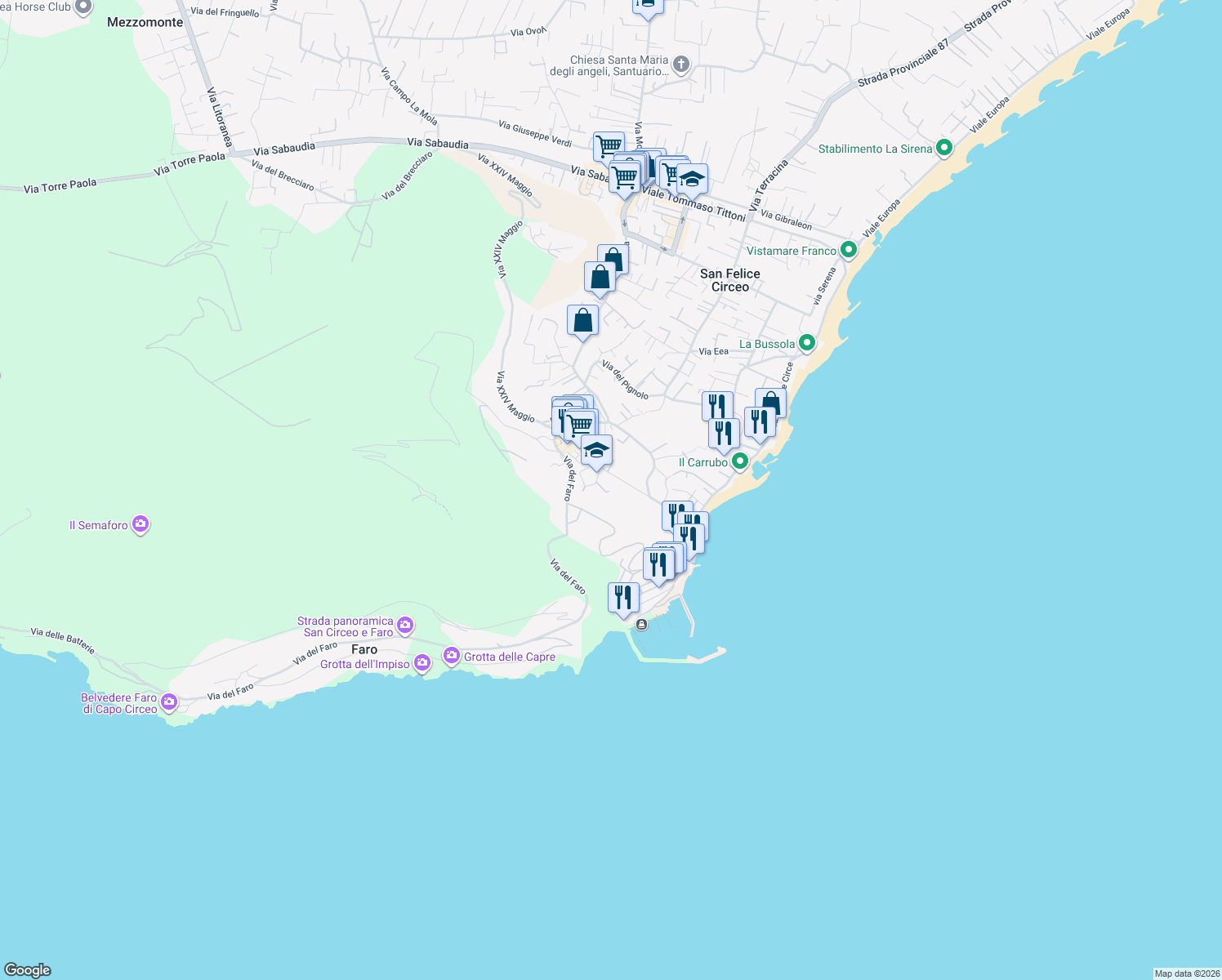 map of restaurants, bars, coffee shops, grocery stores, and more near 8 Via Gino Rossi in San Felice Circeo