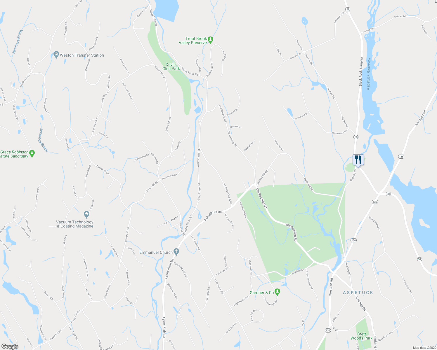 map of restaurants, bars, coffee shops, grocery stores, and more near 20 Old Stage Coach Road in Weston