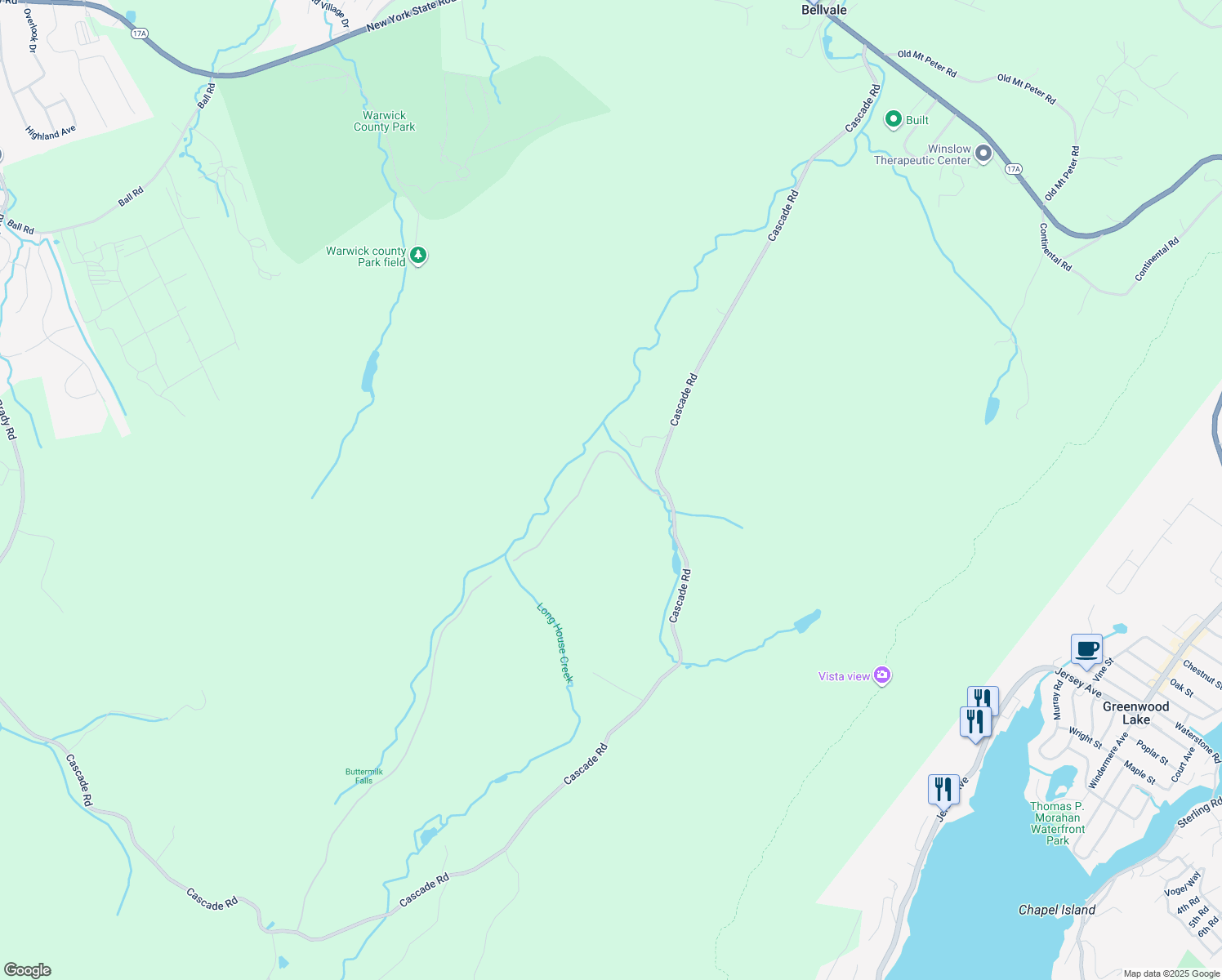 map of restaurants, bars, coffee shops, grocery stores, and more near 25 Buttermilk Falls Road in Warwick