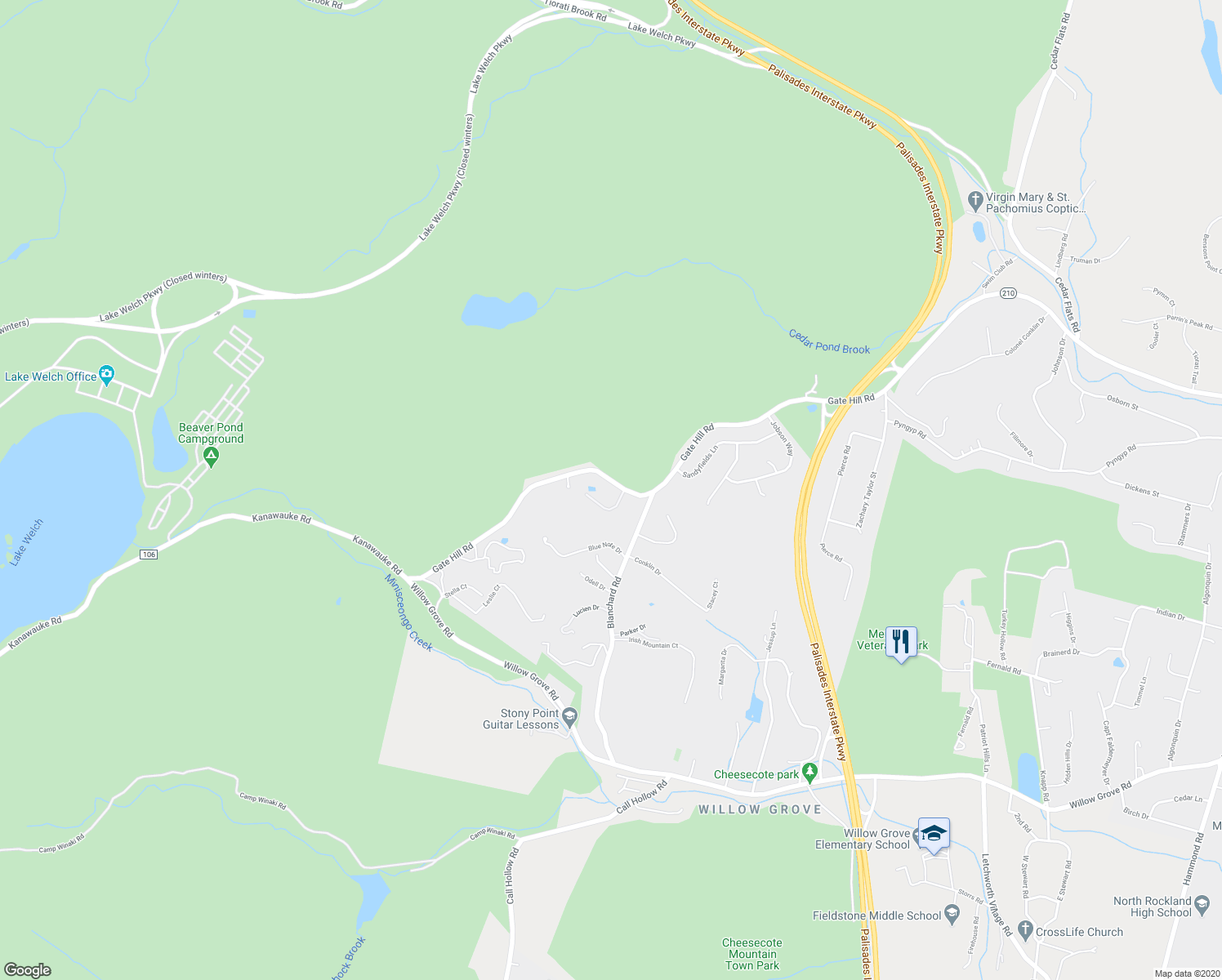 map of restaurants, bars, coffee shops, grocery stores, and more near 1 Sgt Schwarz Court in Stony Point