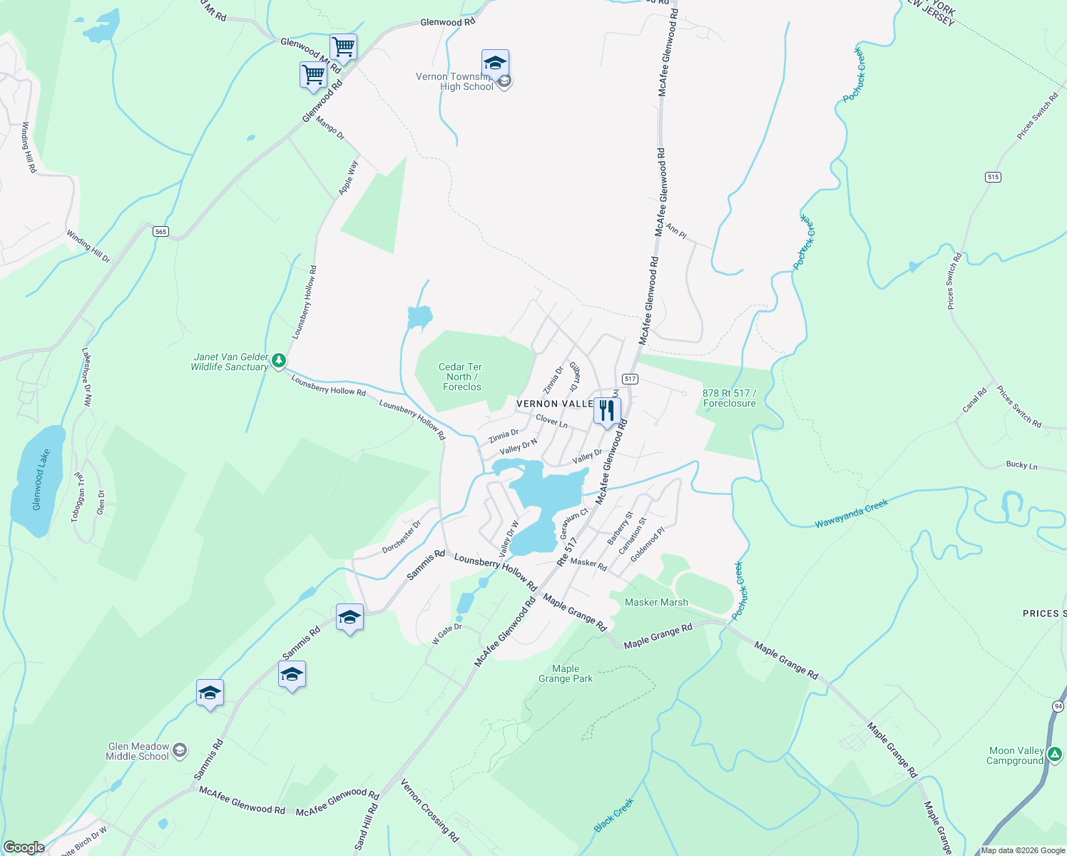 map of restaurants, bars, coffee shops, grocery stores, and more near 13 Clover Lane in Vernon Valley