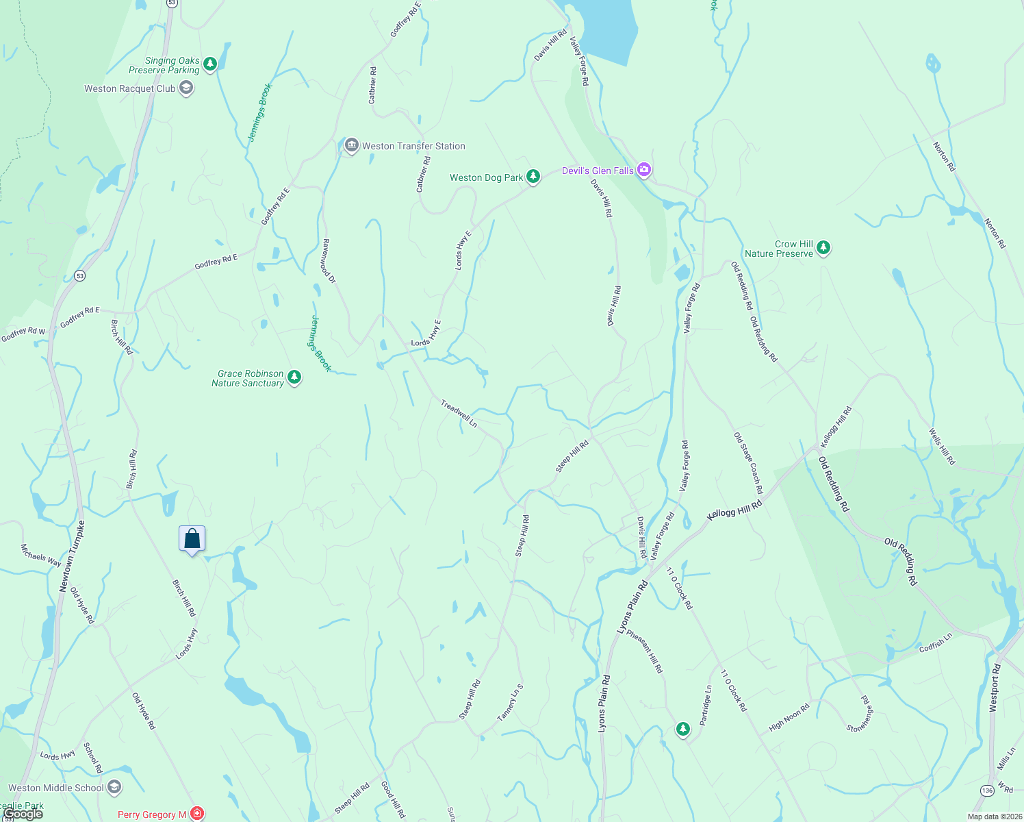 map of restaurants, bars, coffee shops, grocery stores, and more near 30 Deepwood Rd in Weston