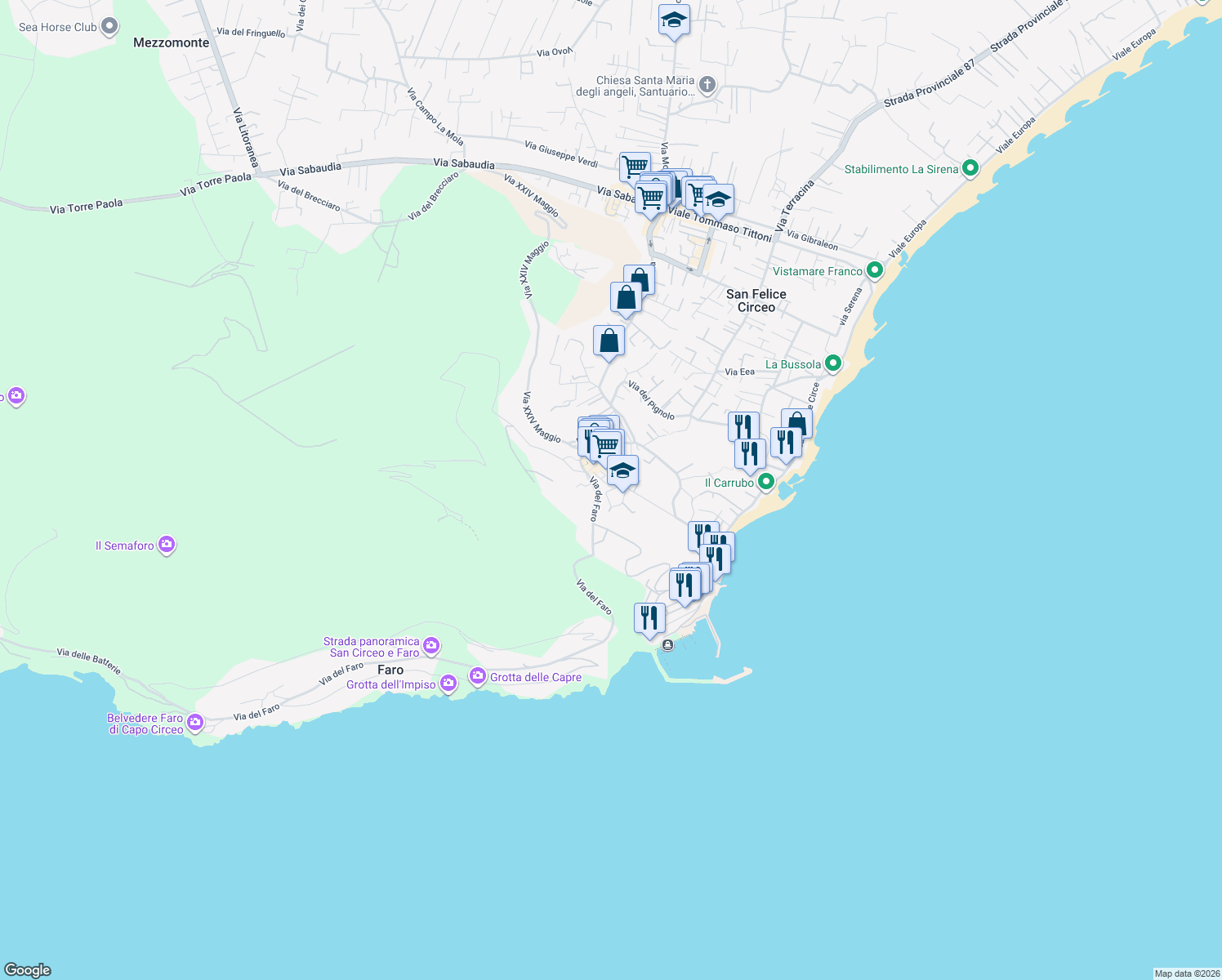 map of restaurants, bars, coffee shops, grocery stores, and more near 8 Via Gino Rossi in San Felice Circeo