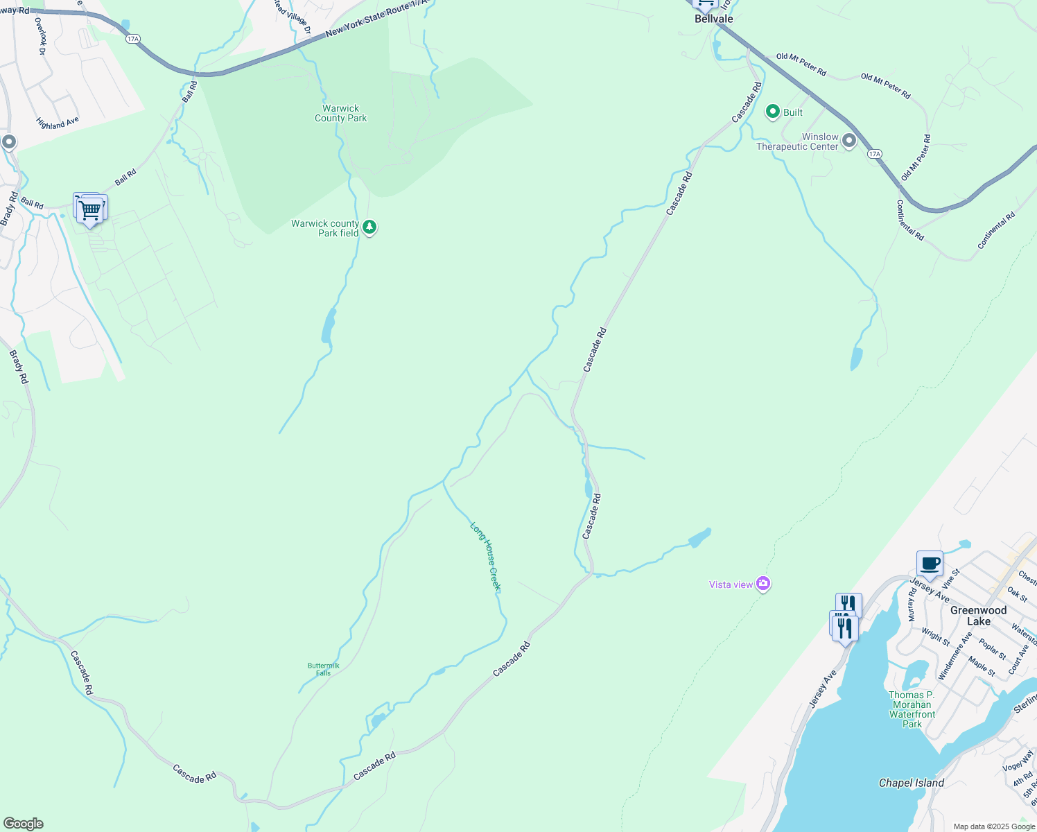 map of restaurants, bars, coffee shops, grocery stores, and more near 25 Buttermilk Falls Road in Warwick