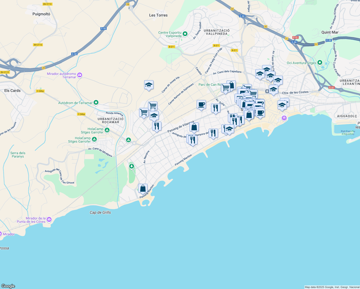 map of restaurants, bars, coffee shops, grocery stores, and more near 5 Carrer del Pintor Sisquella in Sitges