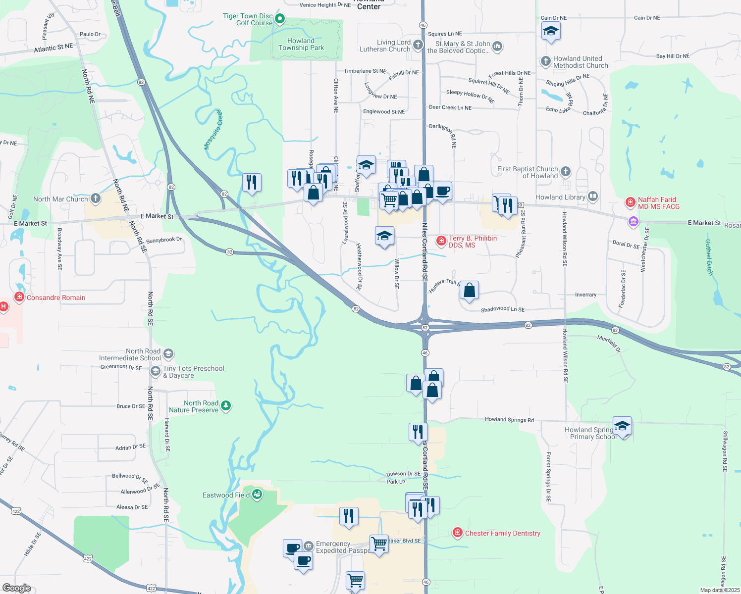 map of restaurants, bars, coffee shops, grocery stores, and more near 659 Laurelwood Drive Southeast in Warren