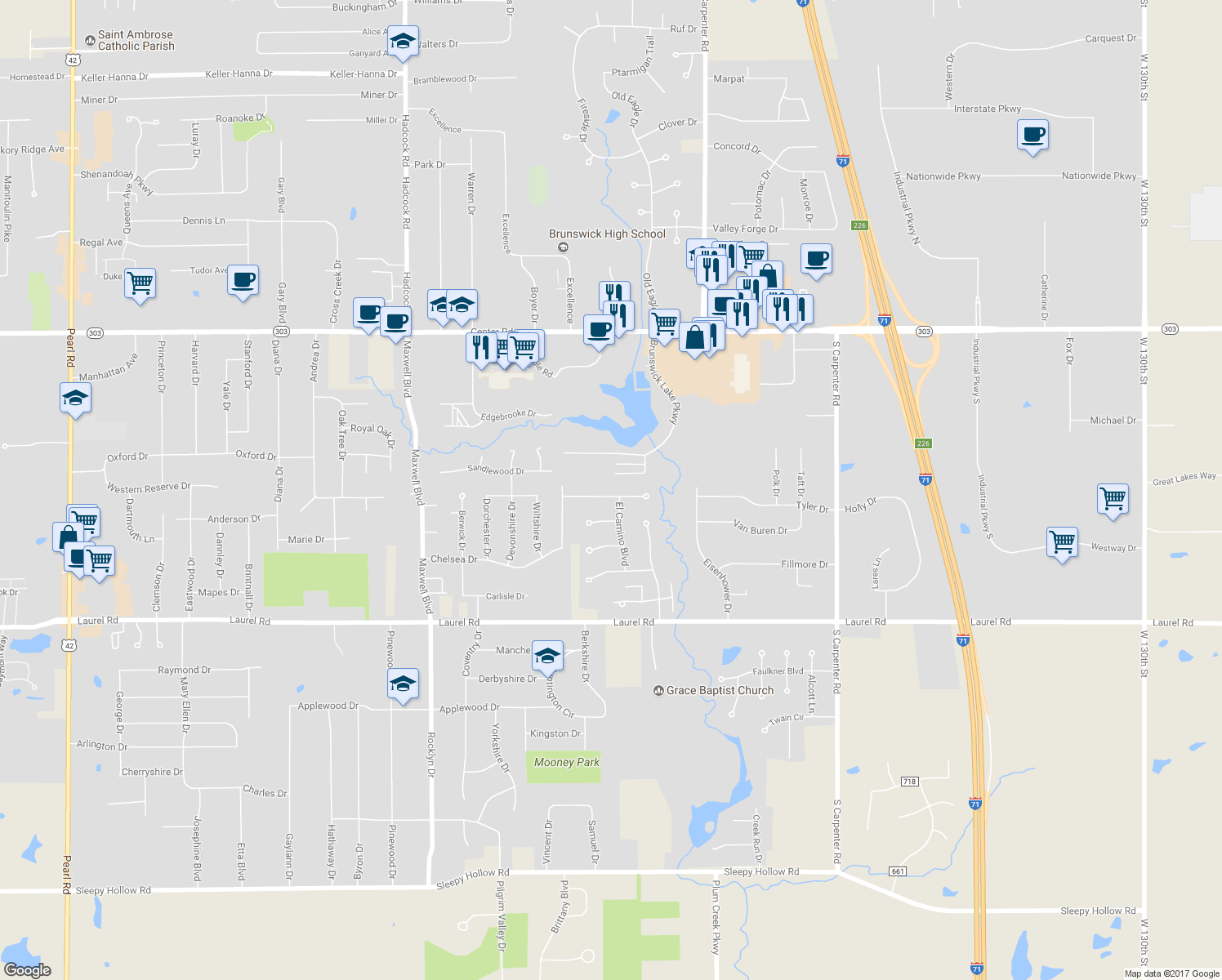 map of restaurants, bars, coffee shops, grocery stores, and more near 3533 Monte Vista Drive in Brunswick