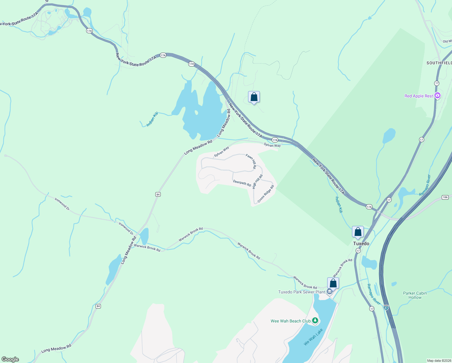 map of restaurants, bars, coffee shops, grocery stores, and more near 12 Deerpath Road in Tuxedo Park