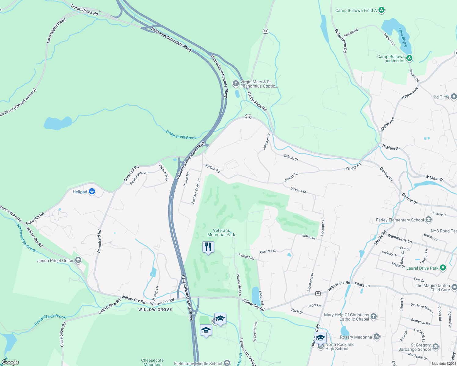 map of restaurants, bars, coffee shops, grocery stores, and more near 54 Pyngyp Road in Stony Point