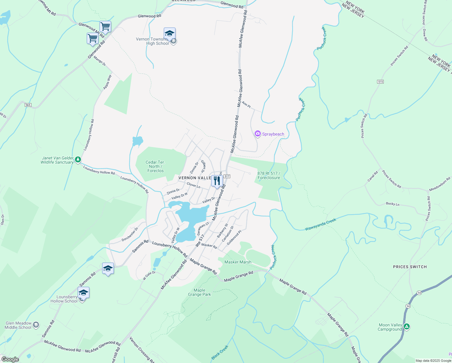 map of restaurants, bars, coffee shops, grocery stores, and more near 872 County Road 517 in Vernon Township