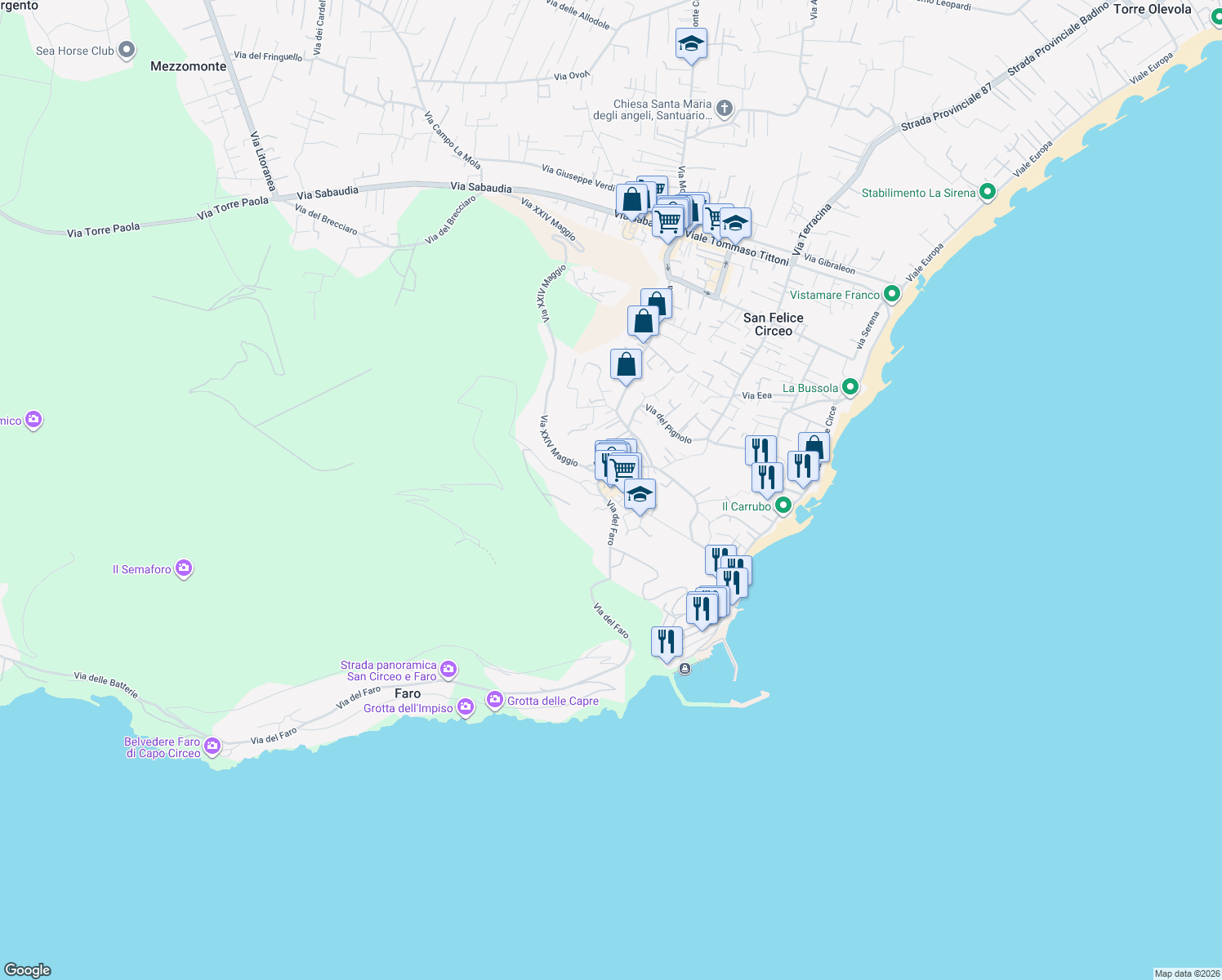 map of restaurants, bars, coffee shops, grocery stores, and more near 1 Piazza Lanzuisi in San Felice Circeo