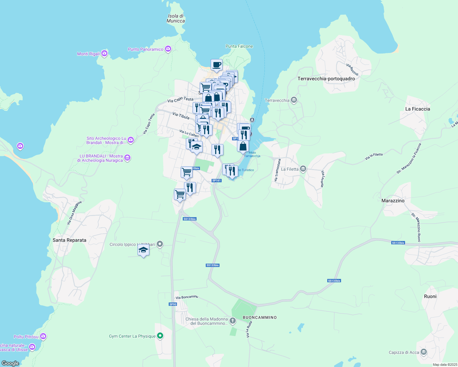 map of restaurants, bars, coffee shops, grocery stores, and more near 3 Piazza il Chiostro in Santa Teresa Gallura