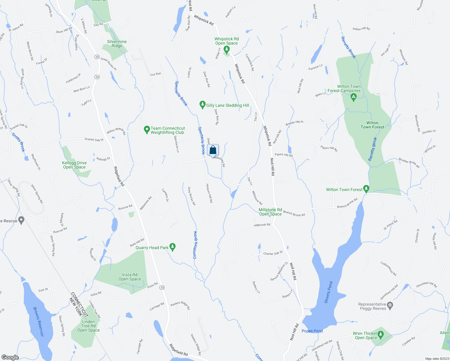 map of restaurants, bars, coffee shops, grocery stores, and more near 201 Millstone Road in Wilton