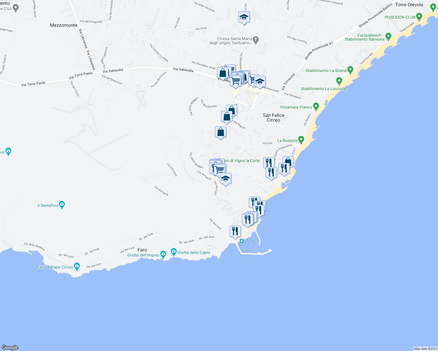 map of restaurants, bars, coffee shops, grocery stores, and more near 1 Piazza Lanzuisi in San Felice Circeo