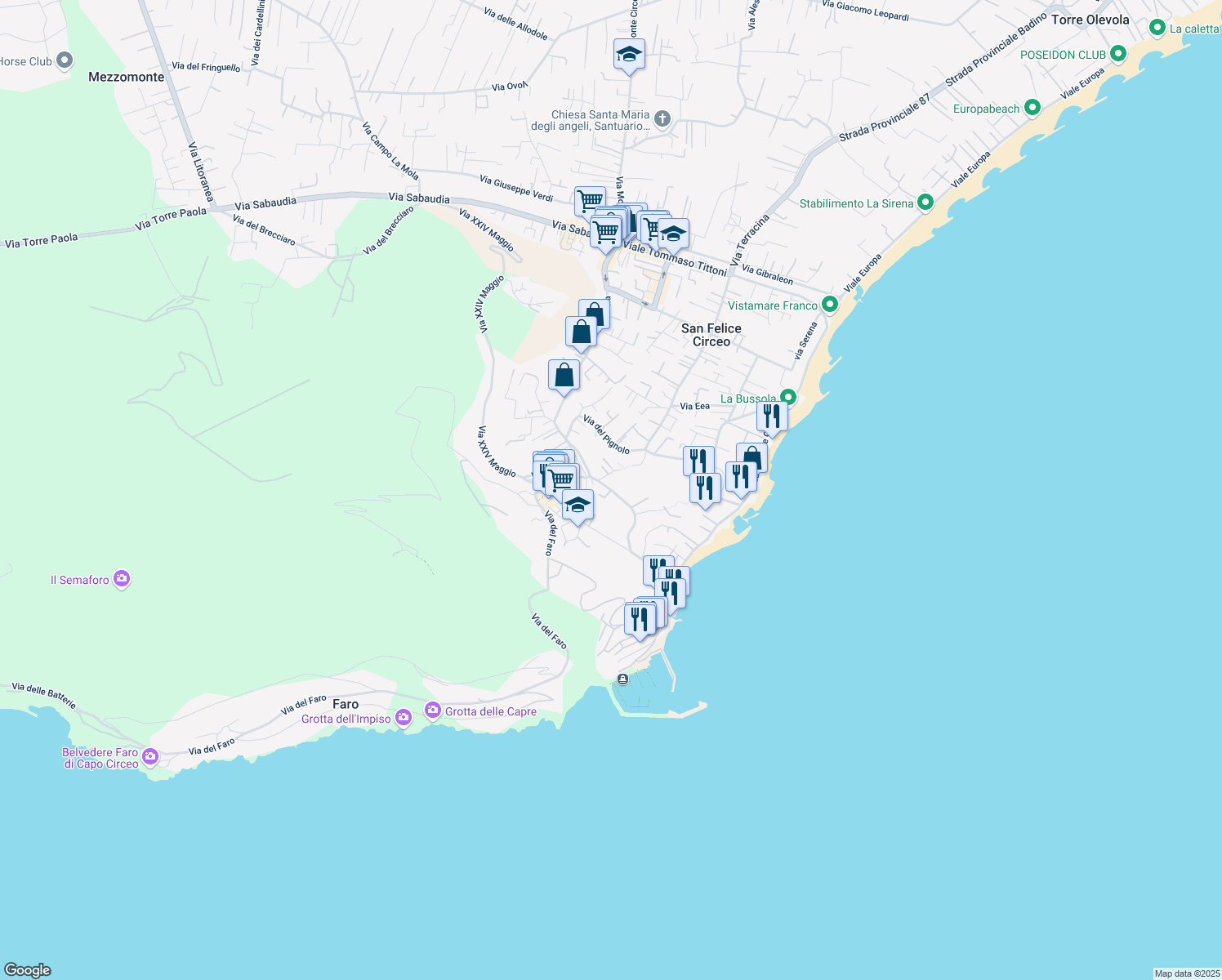 map of restaurants, bars, coffee shops, grocery stores, and more near 16 Via Ponza in San Felice Circeo