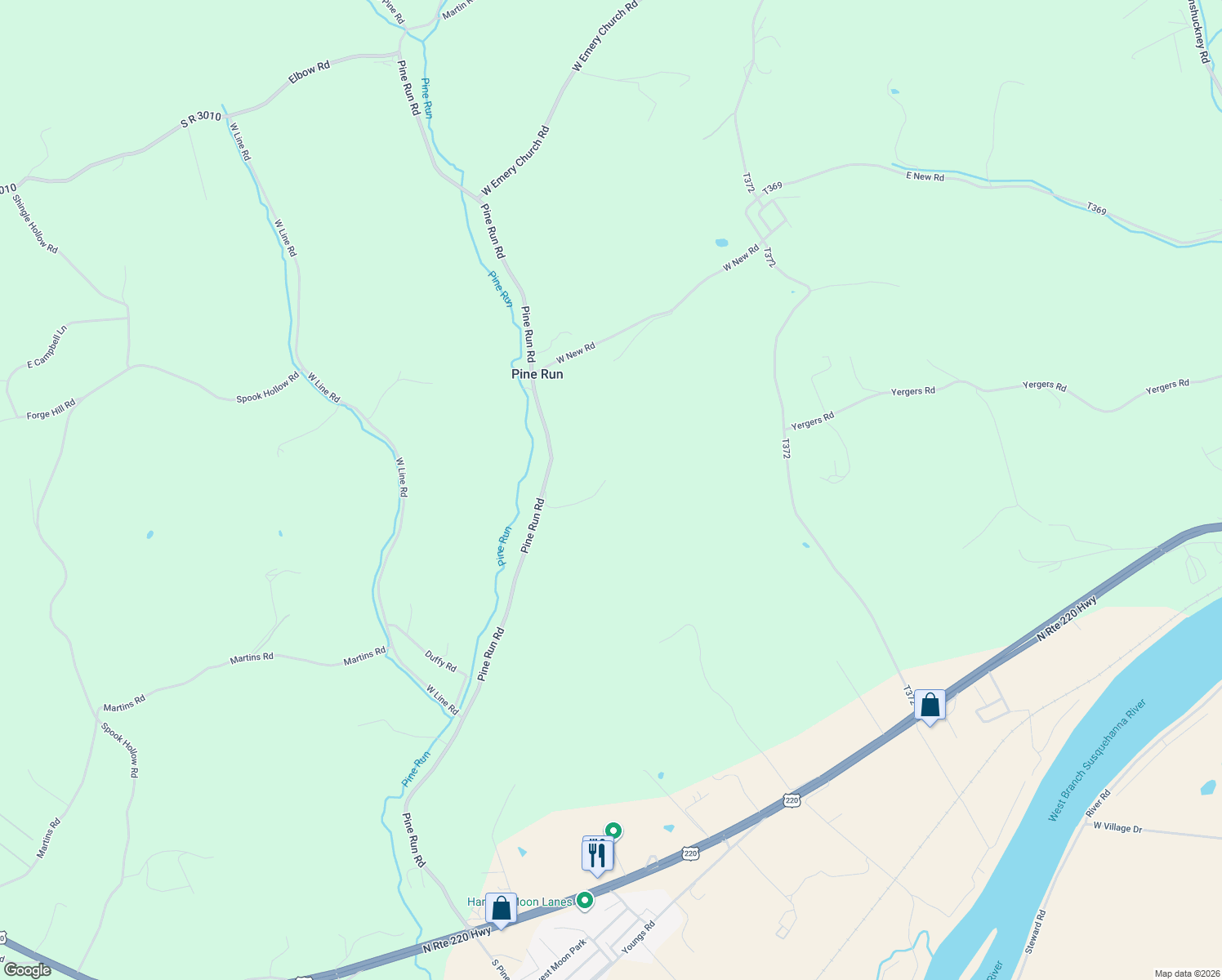 map of restaurants, bars, coffee shops, grocery stores, and more near 926-1616 Pine Run Road in Lycoming