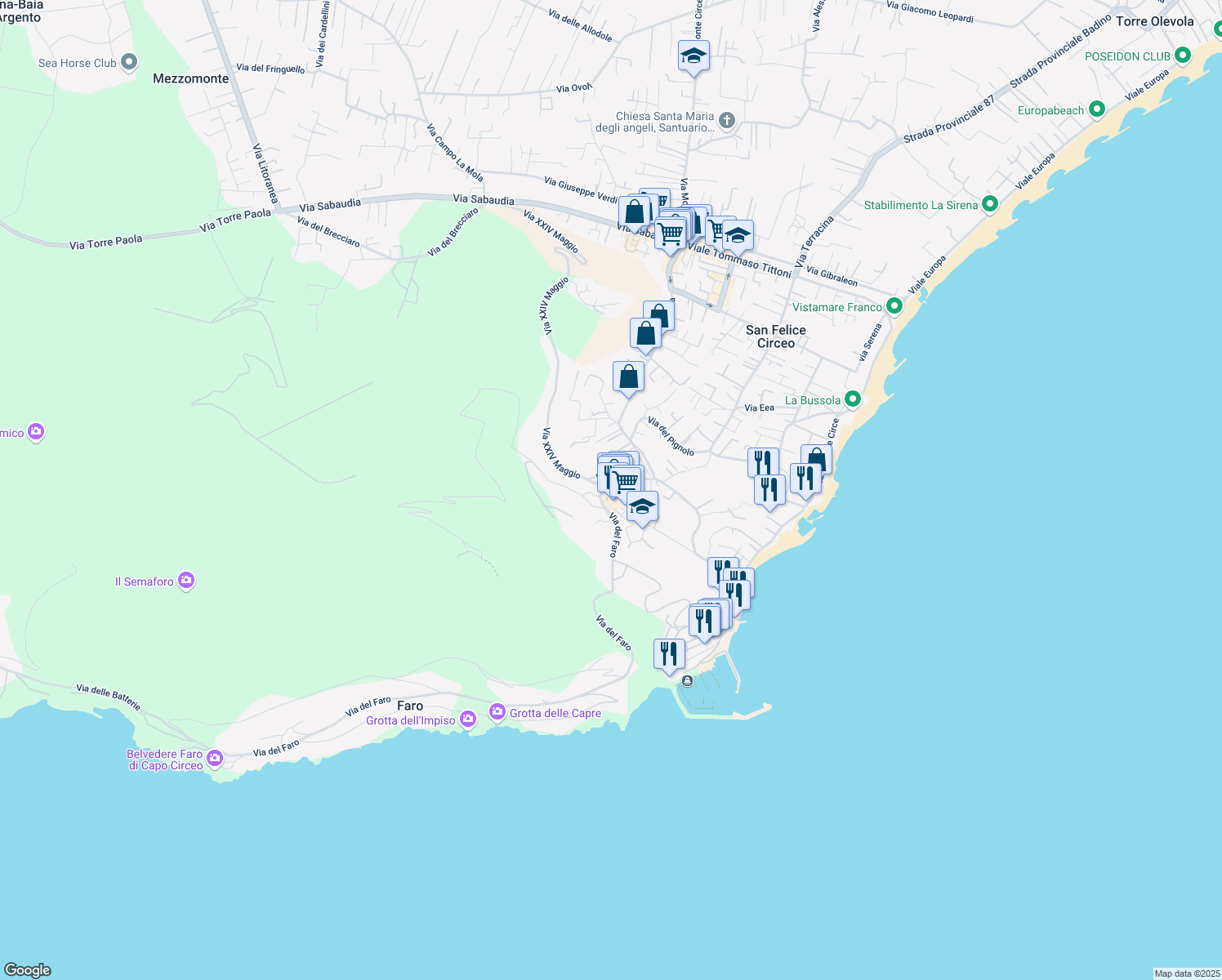 map of restaurants, bars, coffee shops, grocery stores, and more near 1 Piazza Lanzuisi in San Felice Circeo
