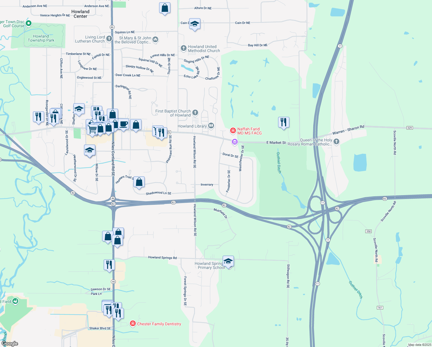 map of restaurants, bars, coffee shops, grocery stores, and more near 250 Avalon Drive Southeast in Warren
