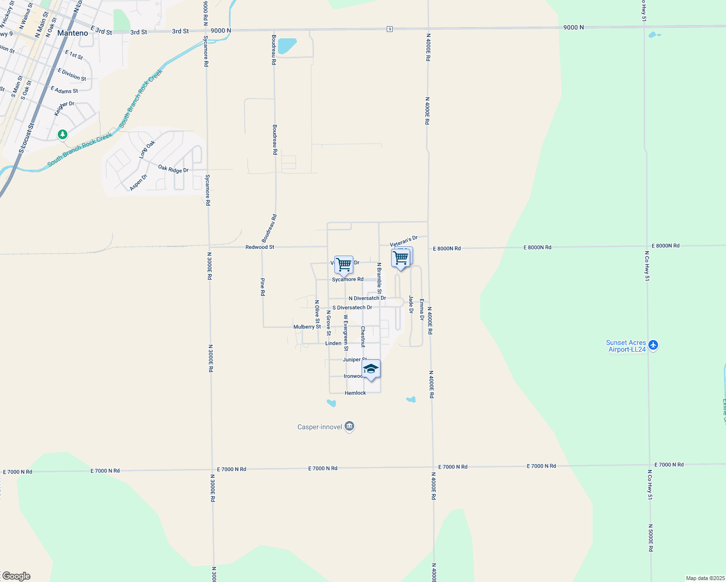 map of restaurants, bars, coffee shops, grocery stores, and more near 646 Chestnut in Manteno