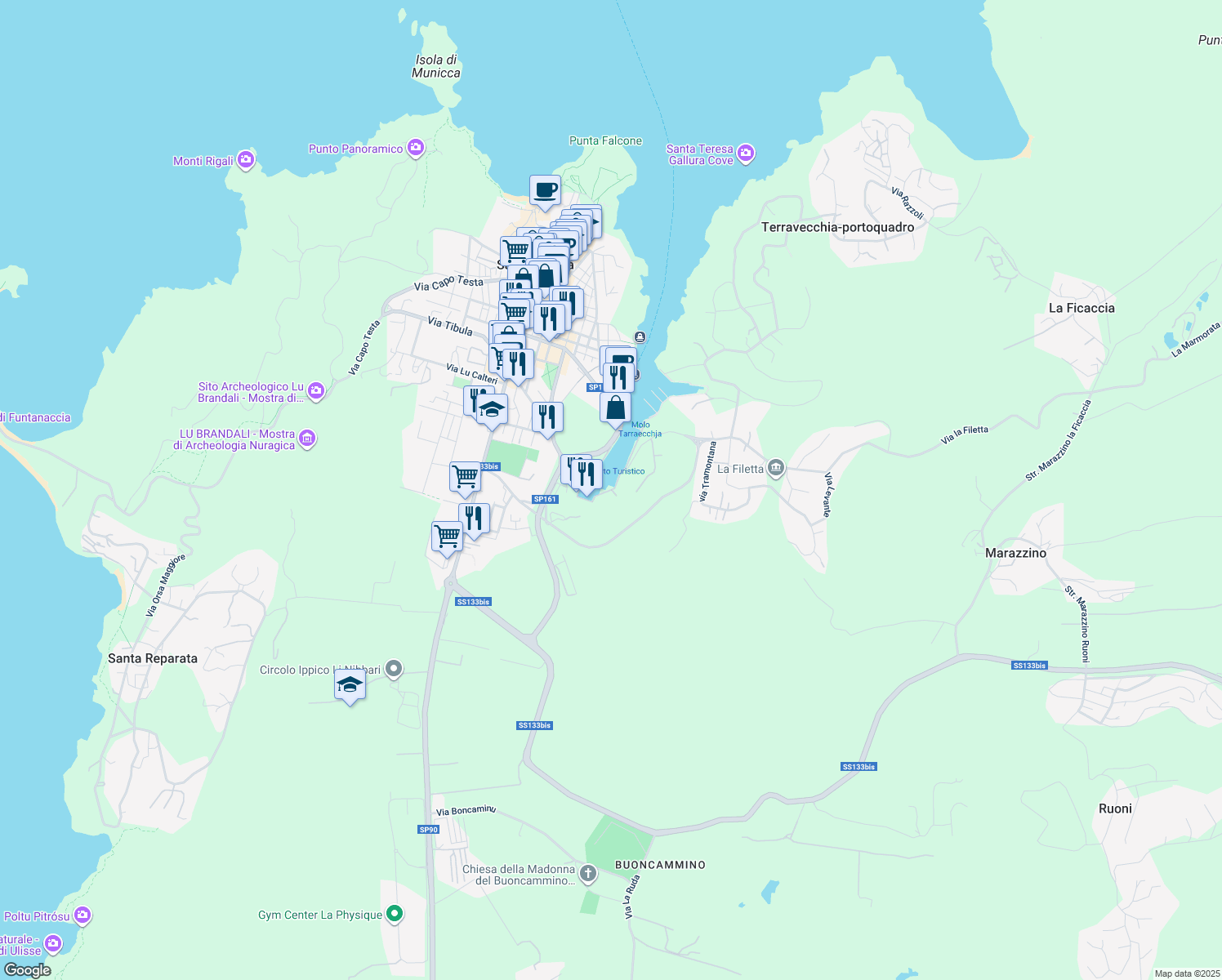 map of restaurants, bars, coffee shops, grocery stores, and more near 9 Piazza il Chiostro in Santa Teresa Gallura