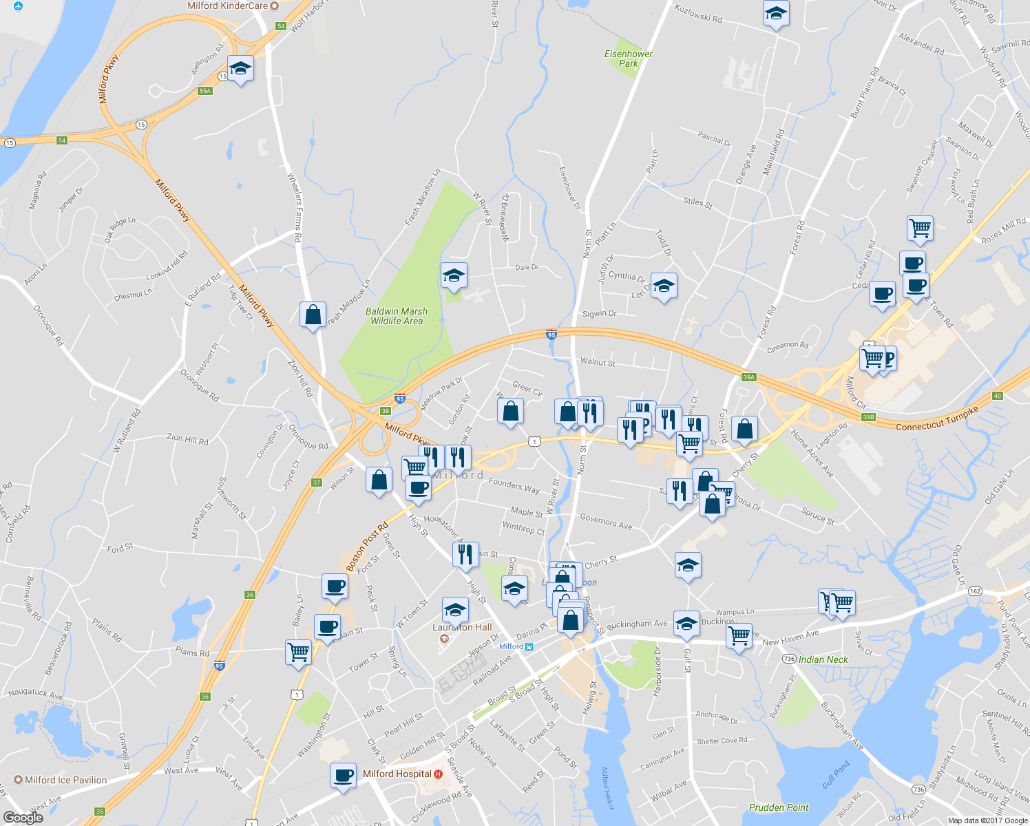 map of restaurants, bars, coffee shops, grocery stores, and more near 287 West River Street in Milford