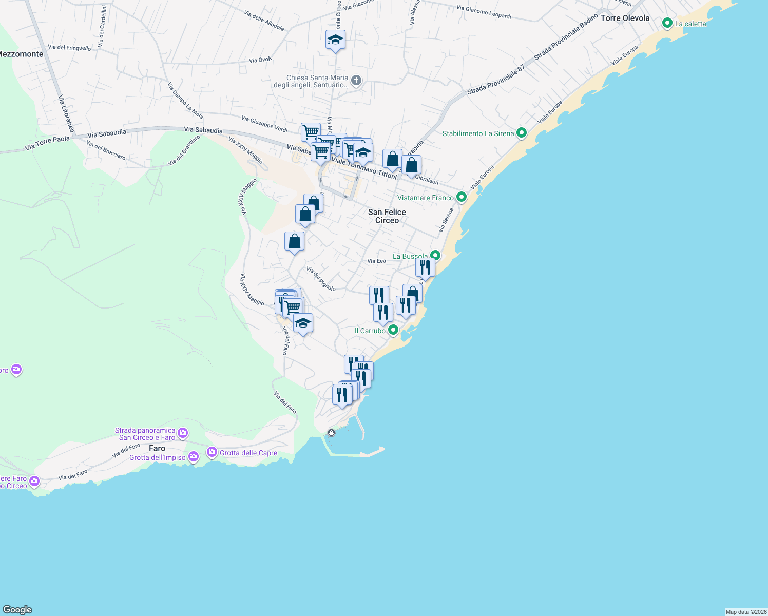map of restaurants, bars, coffee shops, grocery stores, and more near 141 Piazza Italo Gemini in San Felice Circeo