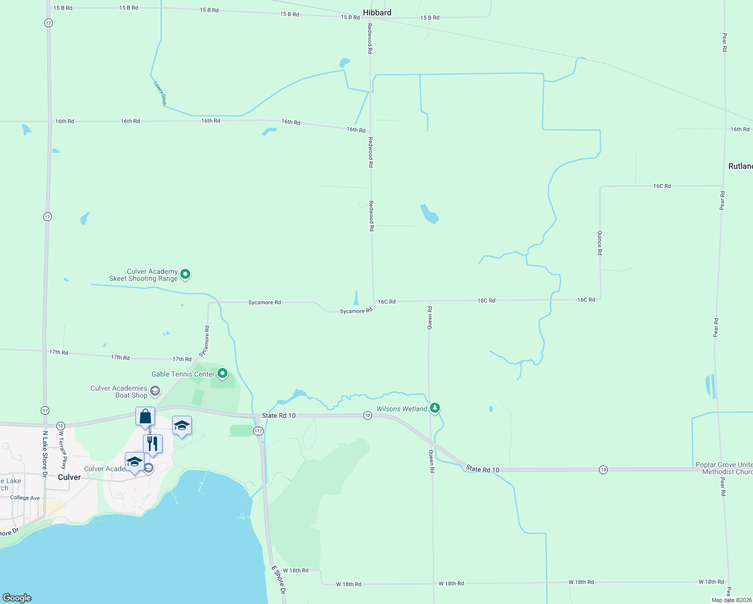 map of restaurants, bars, coffee shops, grocery stores, and more near 16985 16C Road in Culver