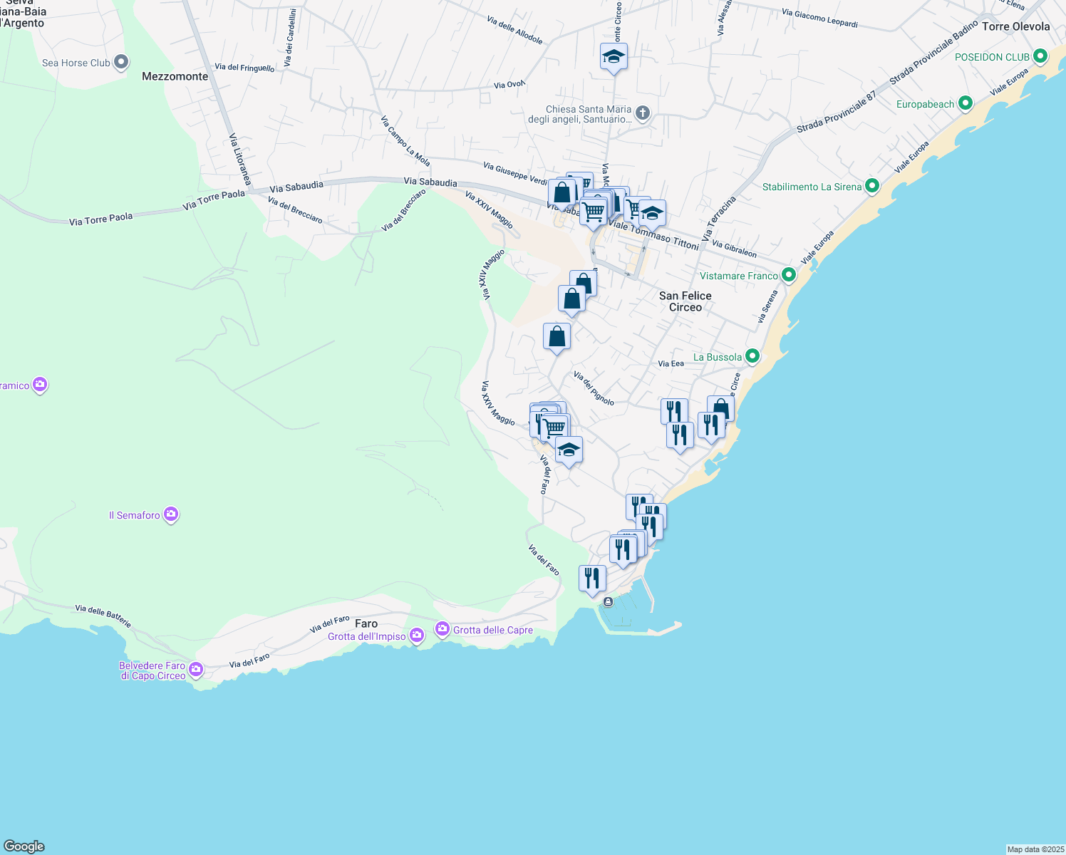 map of restaurants, bars, coffee shops, grocery stores, and more near 1 Via Toto Colarulli in San Felice Circeo