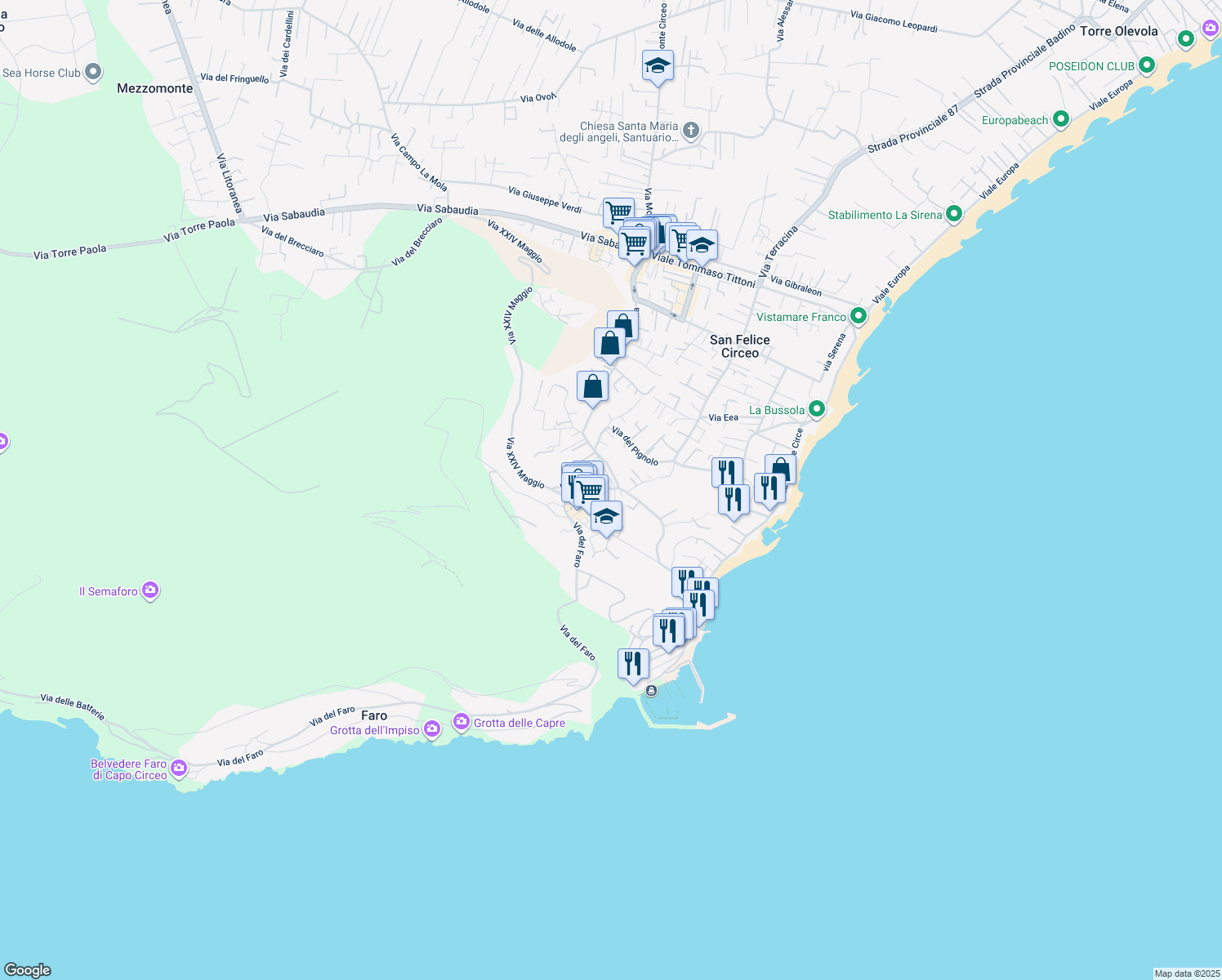 map of restaurants, bars, coffee shops, grocery stores, and more near 27 Viale della Vittoria in San Felice Circeo