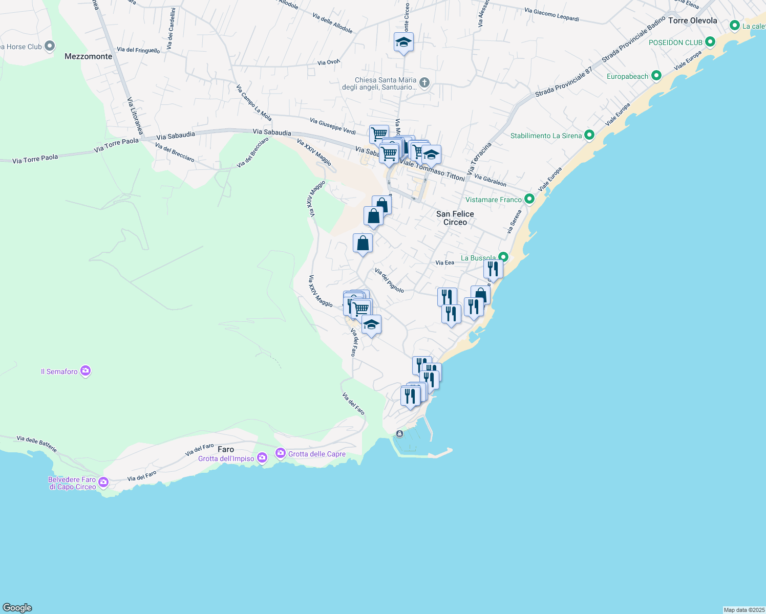 map of restaurants, bars, coffee shops, grocery stores, and more near 16 Via Ponza in San Felice Circeo
