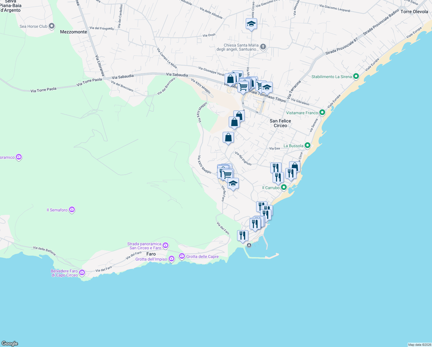 map of restaurants, bars, coffee shops, grocery stores, and more near 1 Via Toto Colarulli in San Felice Circeo