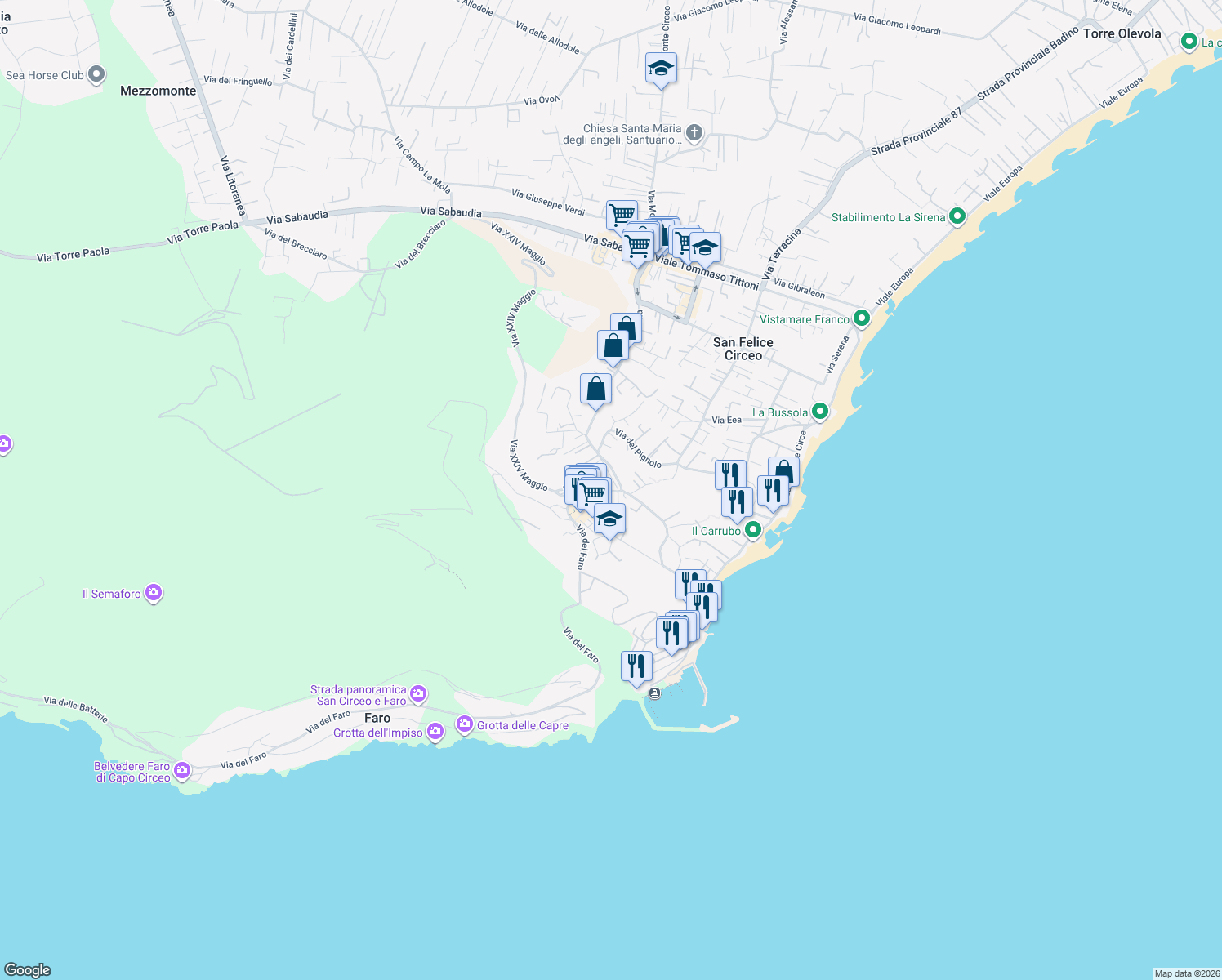 map of restaurants, bars, coffee shops, grocery stores, and more near 431 Via della Vittoria in San Felice Circeo