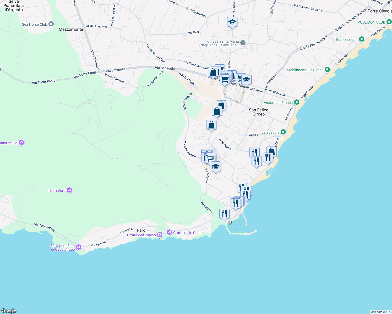 map of restaurants, bars, coffee shops, grocery stores, and more near 1 Via Toto Colarulli in San Felice Circeo