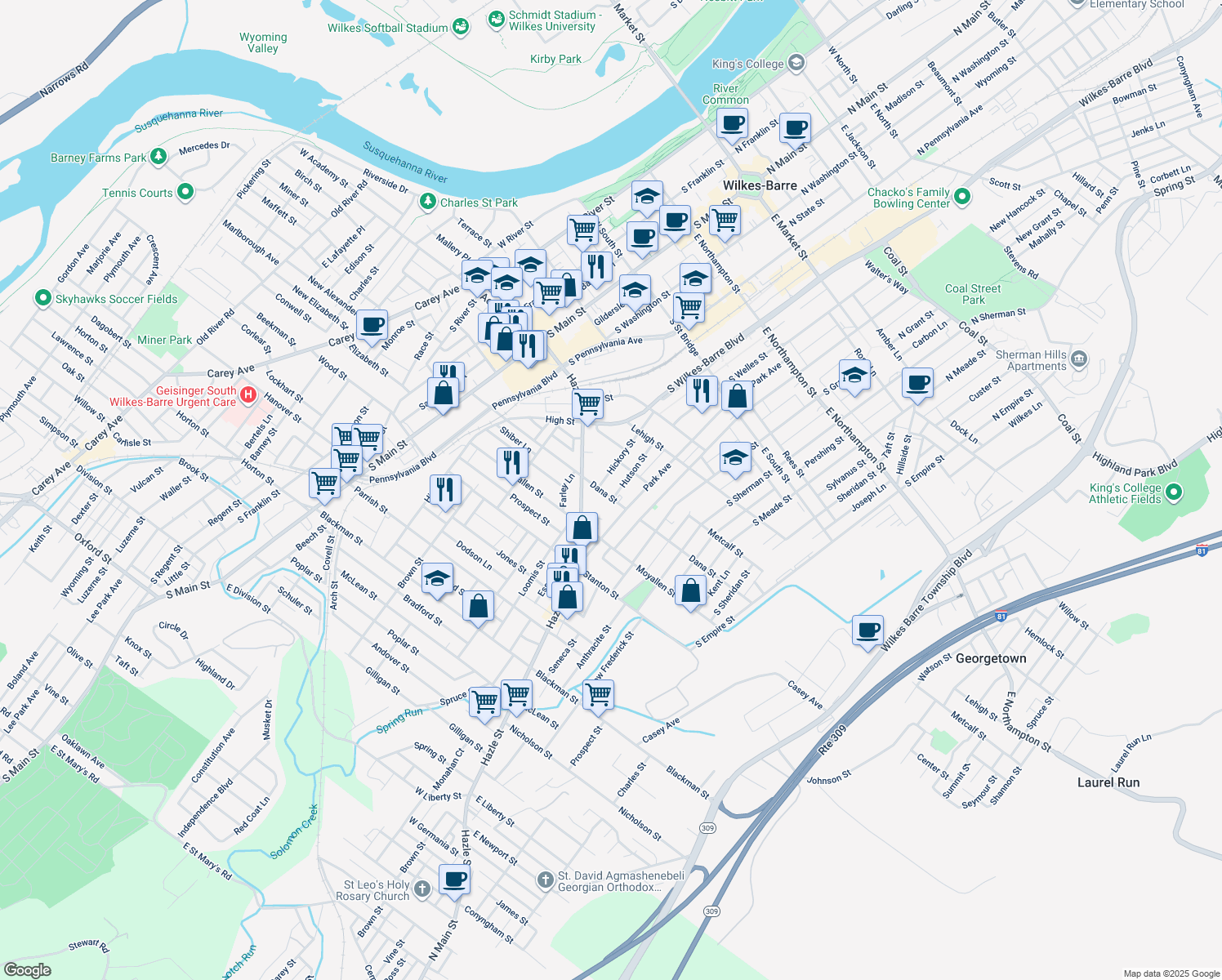 map of restaurants, bars, coffee shops, grocery stores, and more near 240 Dana Street in Wilkes-Barre