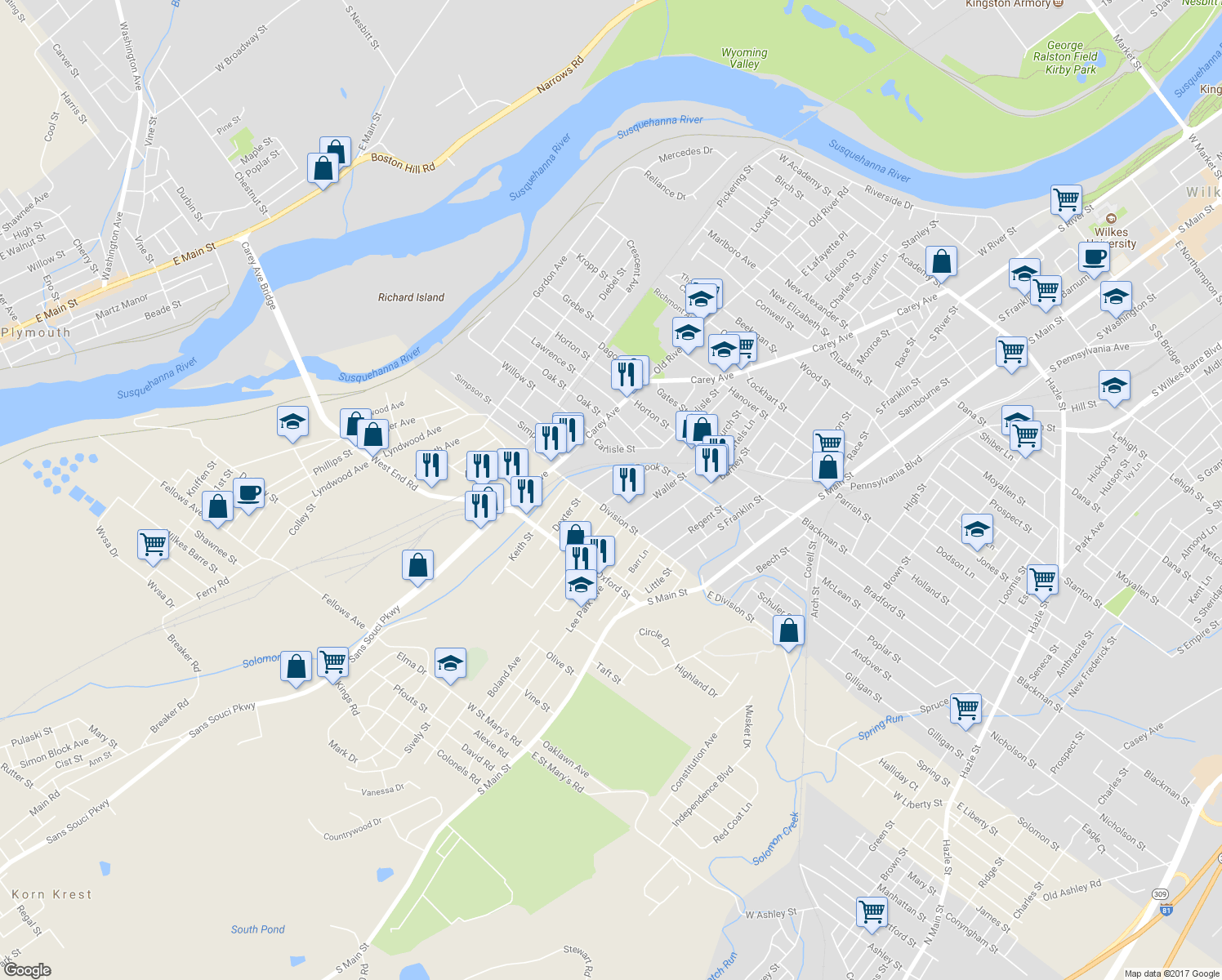 map of restaurants, bars, coffee shops, grocery stores, and more near 83 Vulcan Street in Wilkes-Barre