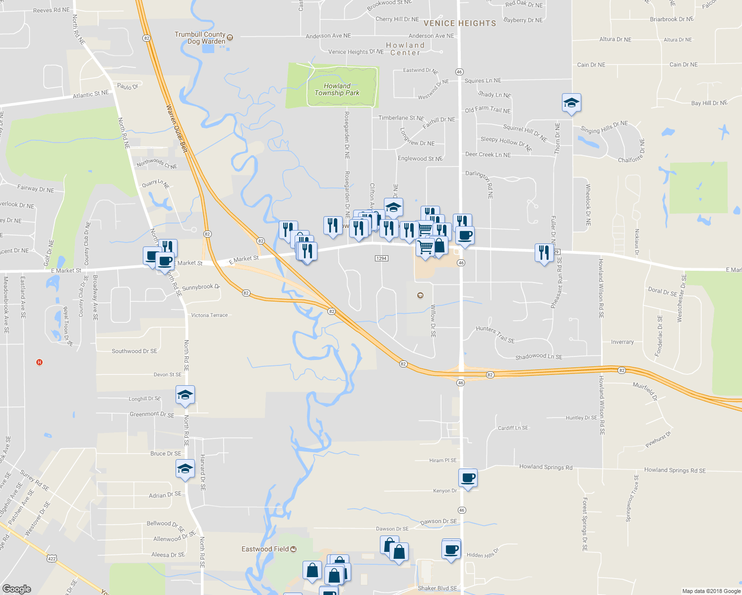 map of restaurants, bars, coffee shops, grocery stores, and more near 524 Laurelwood Drive Southeast in Warren