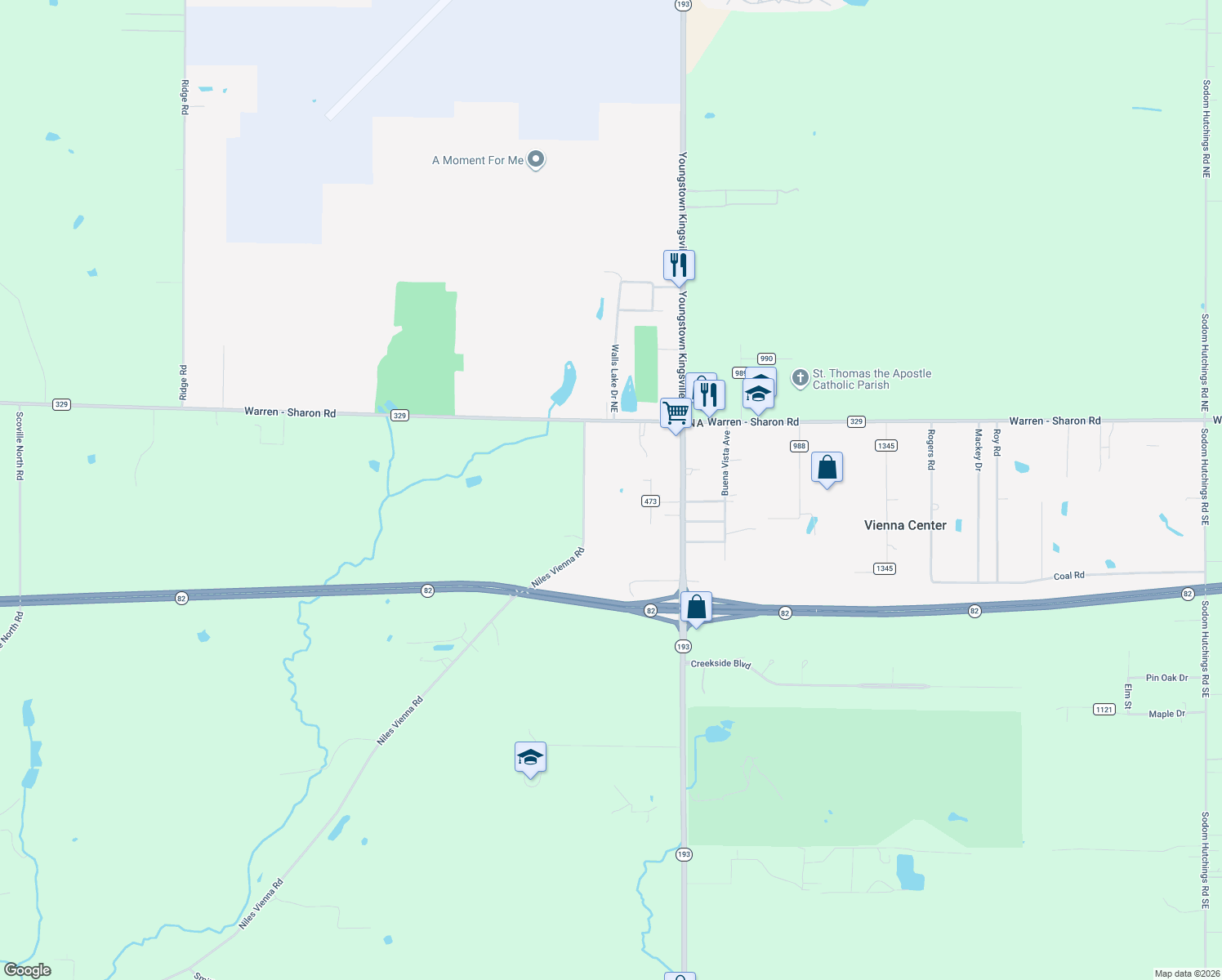 map of restaurants, bars, coffee shops, grocery stores, and more near 361 Niles Vienna Rd in Vienna Center