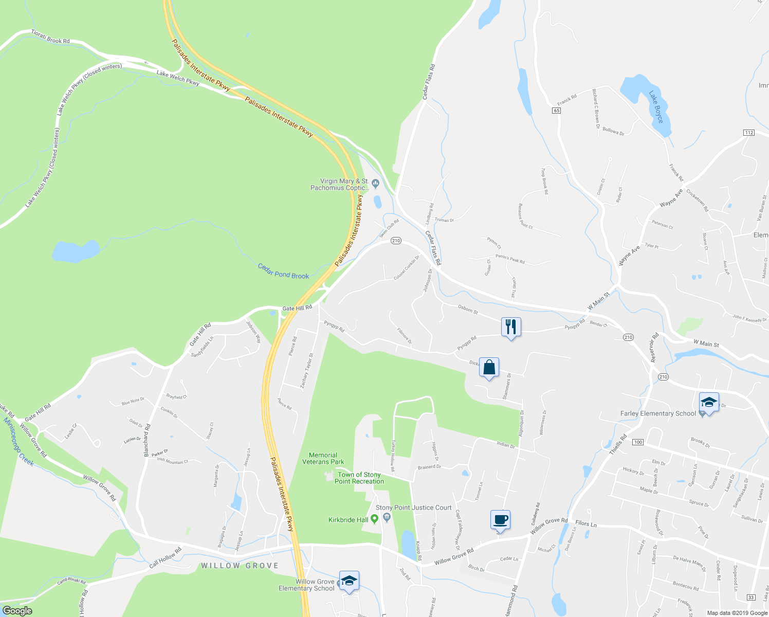 map of restaurants, bars, coffee shops, grocery stores, and more near 16 Fillmore Drive in Stony Point