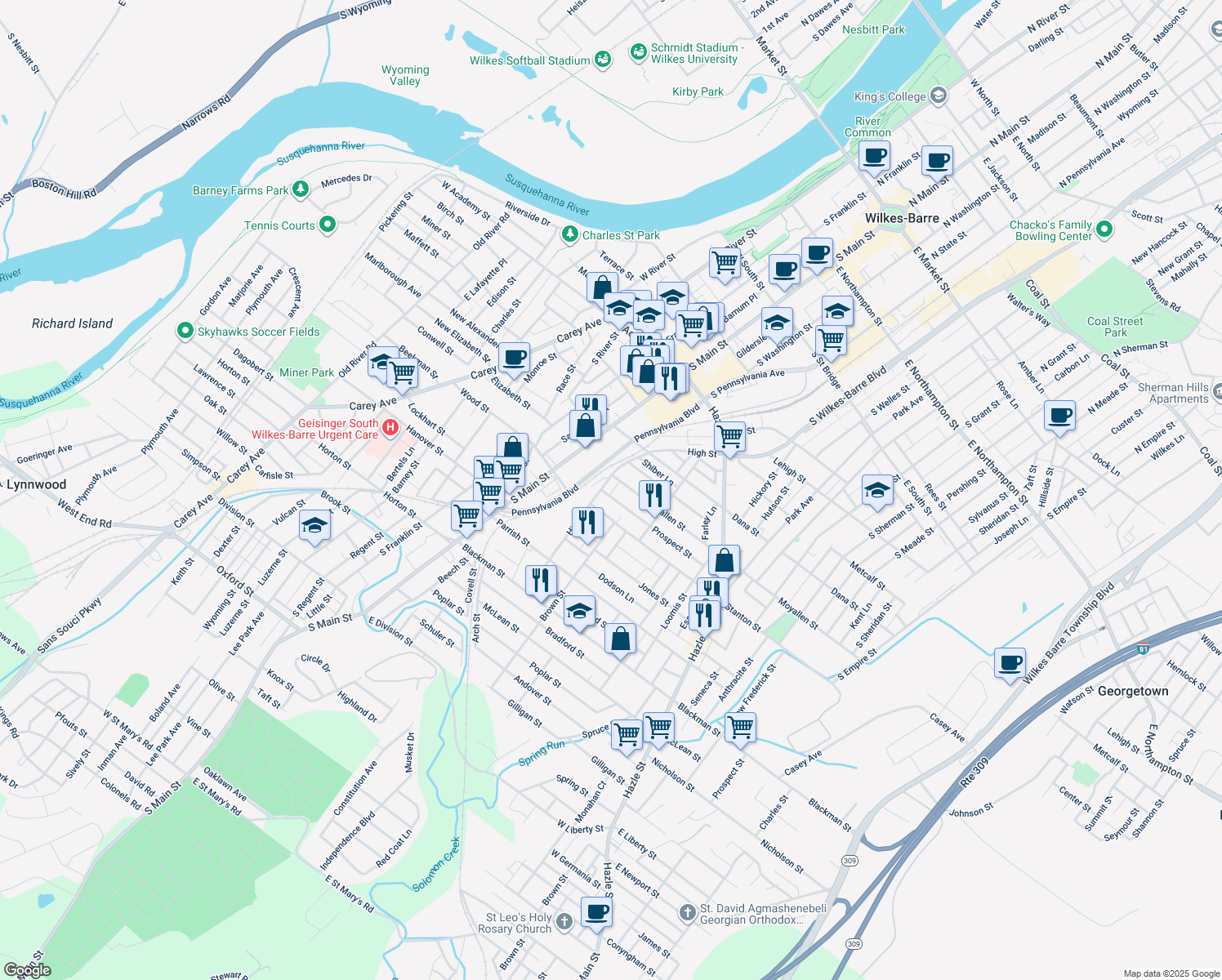 map of restaurants, bars, coffee shops, grocery stores, and more near 9 Cork Lane in Wilkes-Barre