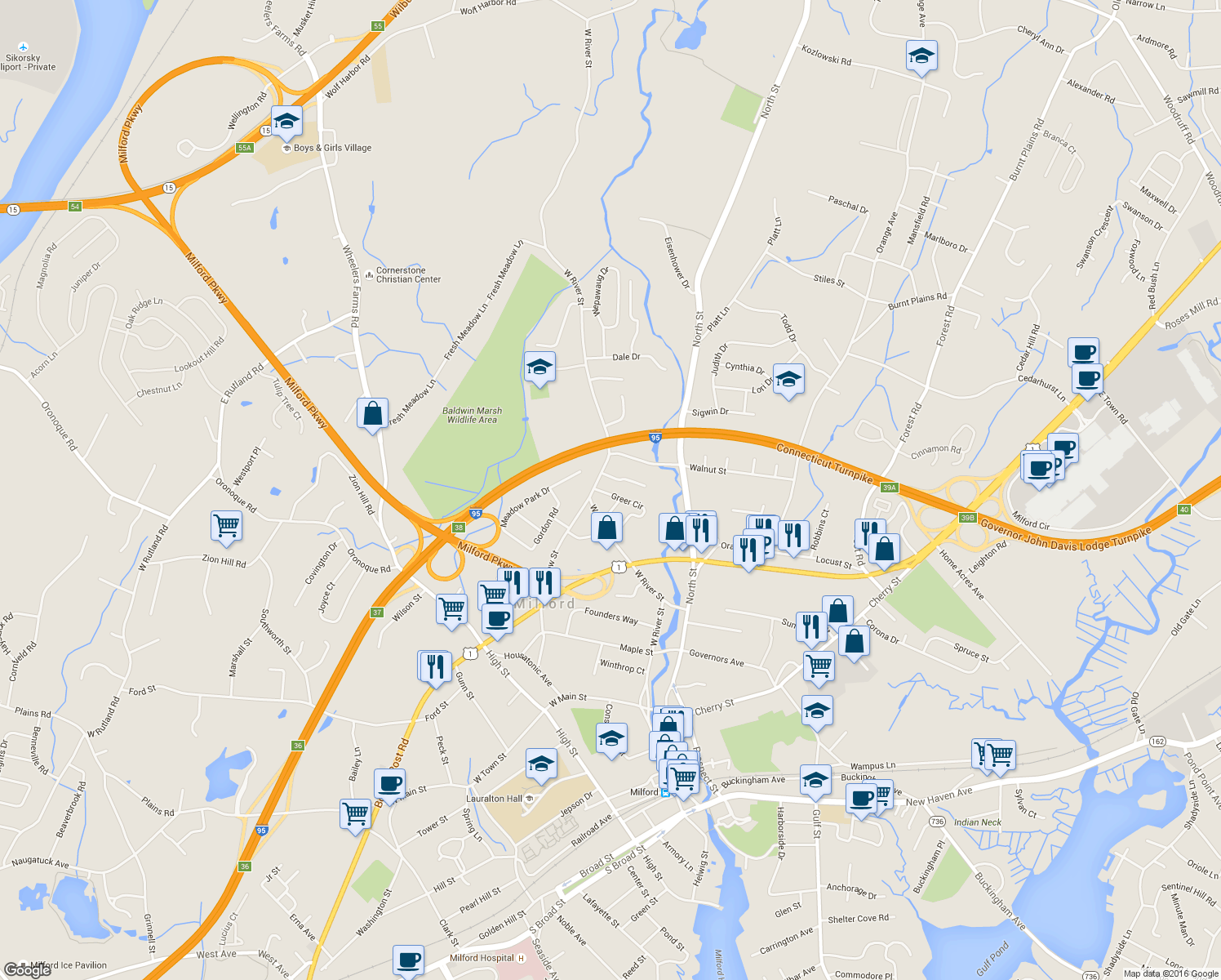 map of restaurants, bars, coffee shops, grocery stores, and more near 101 Greer Circle in Milford