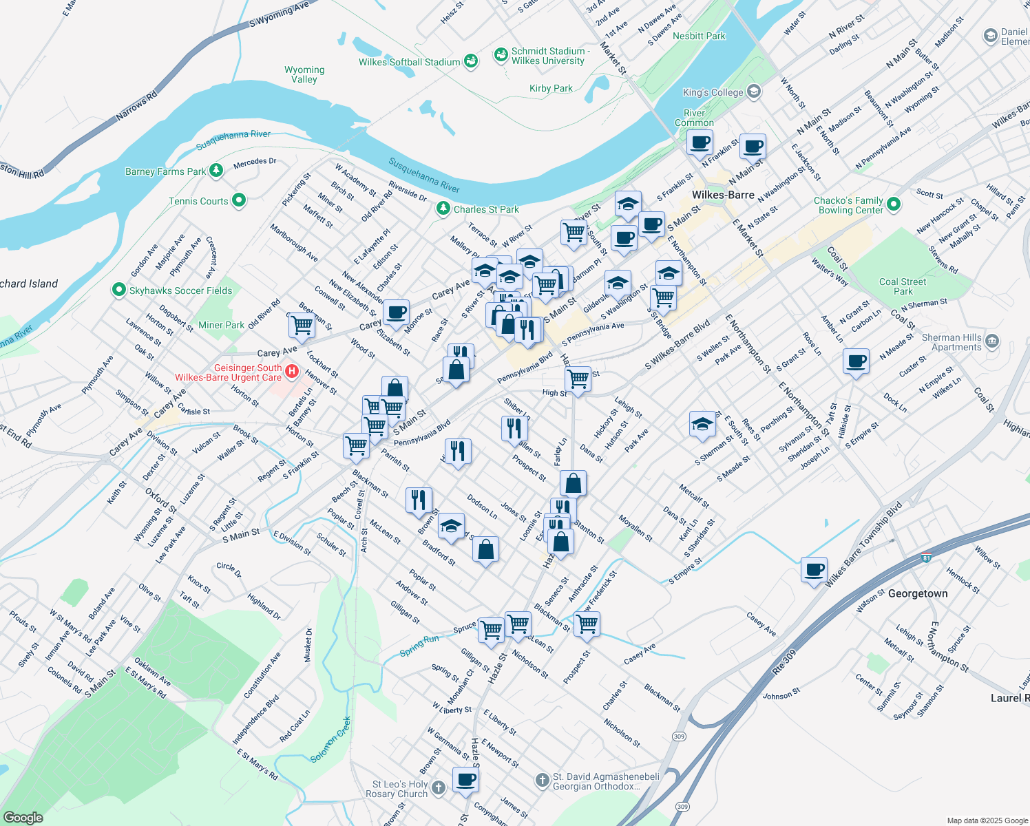 map of restaurants, bars, coffee shops, grocery stores, and more near 18 McCarragher Street in Wilkes-Barre